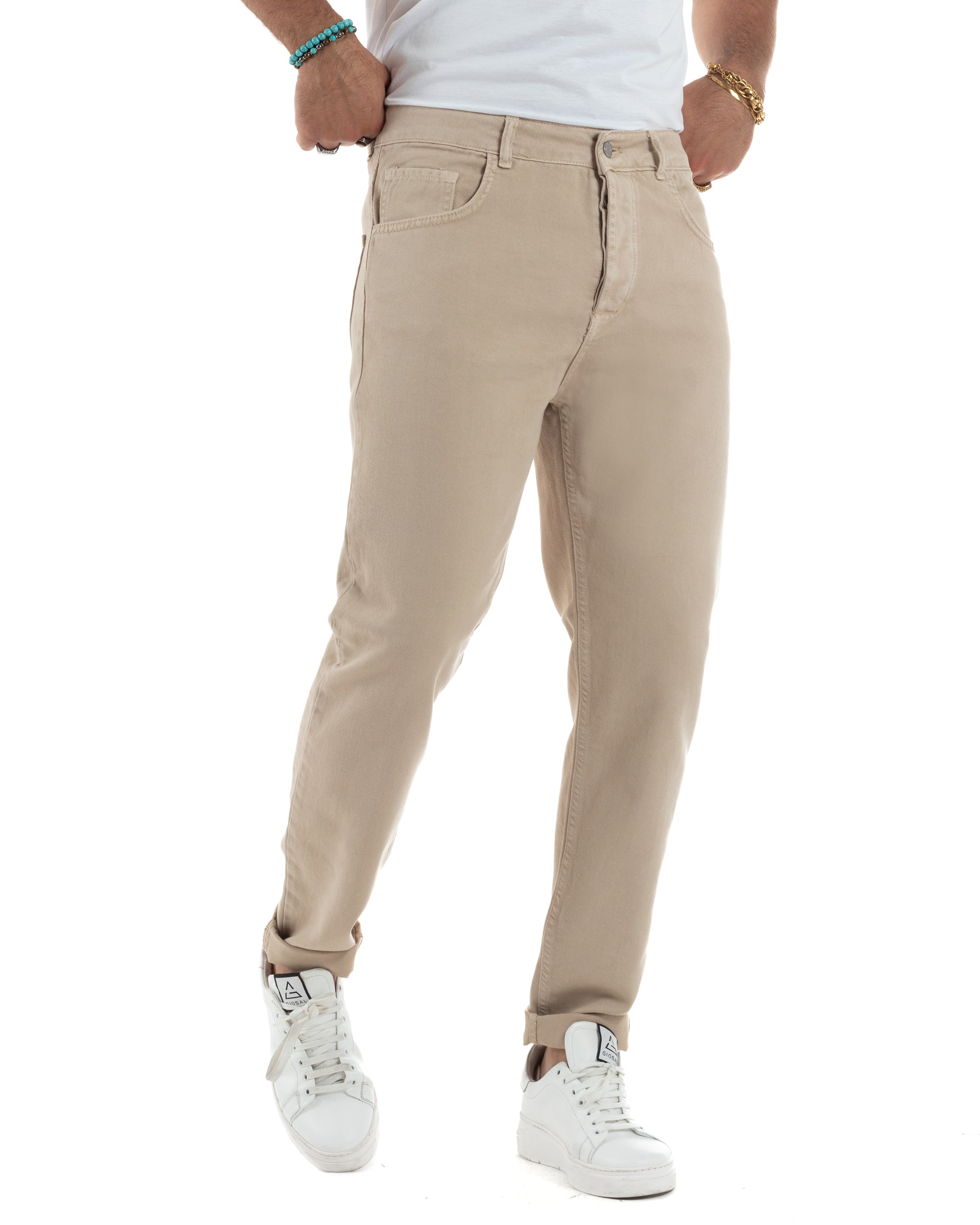 Jeans Uomo Loose Fit Pantaloni Cotone Casual Basic Beige JS1113A