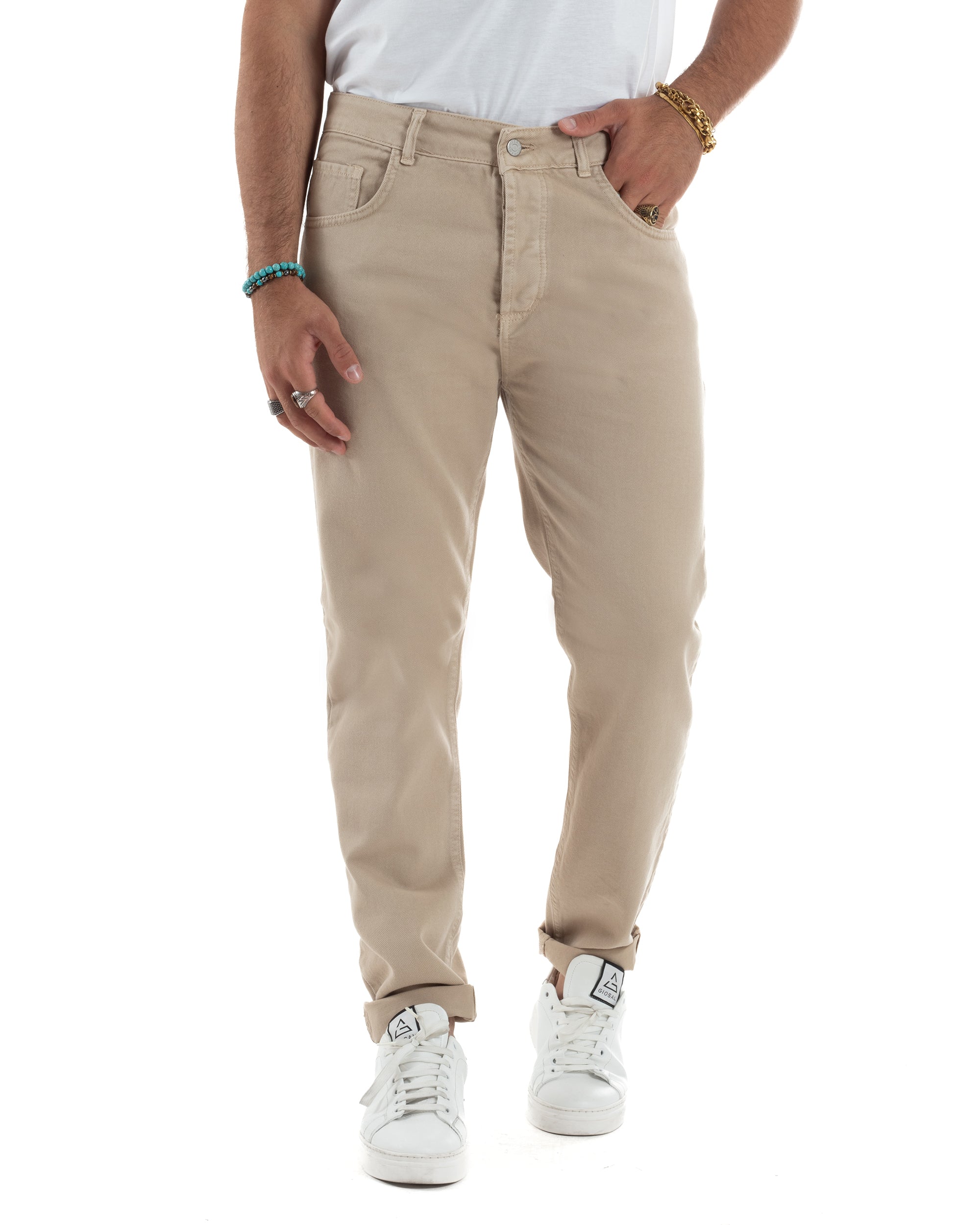 Jeans Uomo Loose Fit Pantaloni Cotone Casual Basic Beige JS1113A