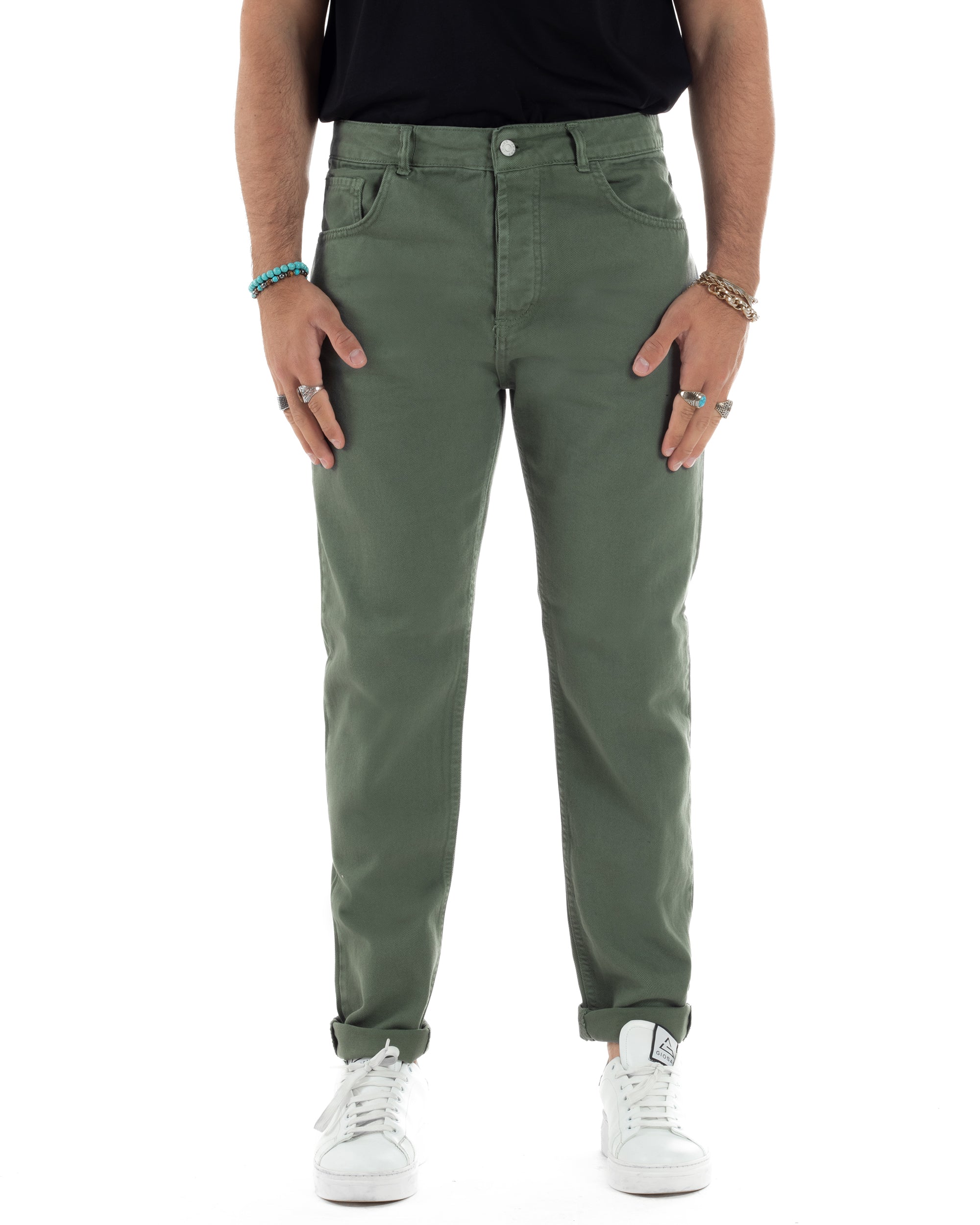 Jeans Uomo Loose Fit Pantaloni Cotone Casual Basic Verde JS1114A