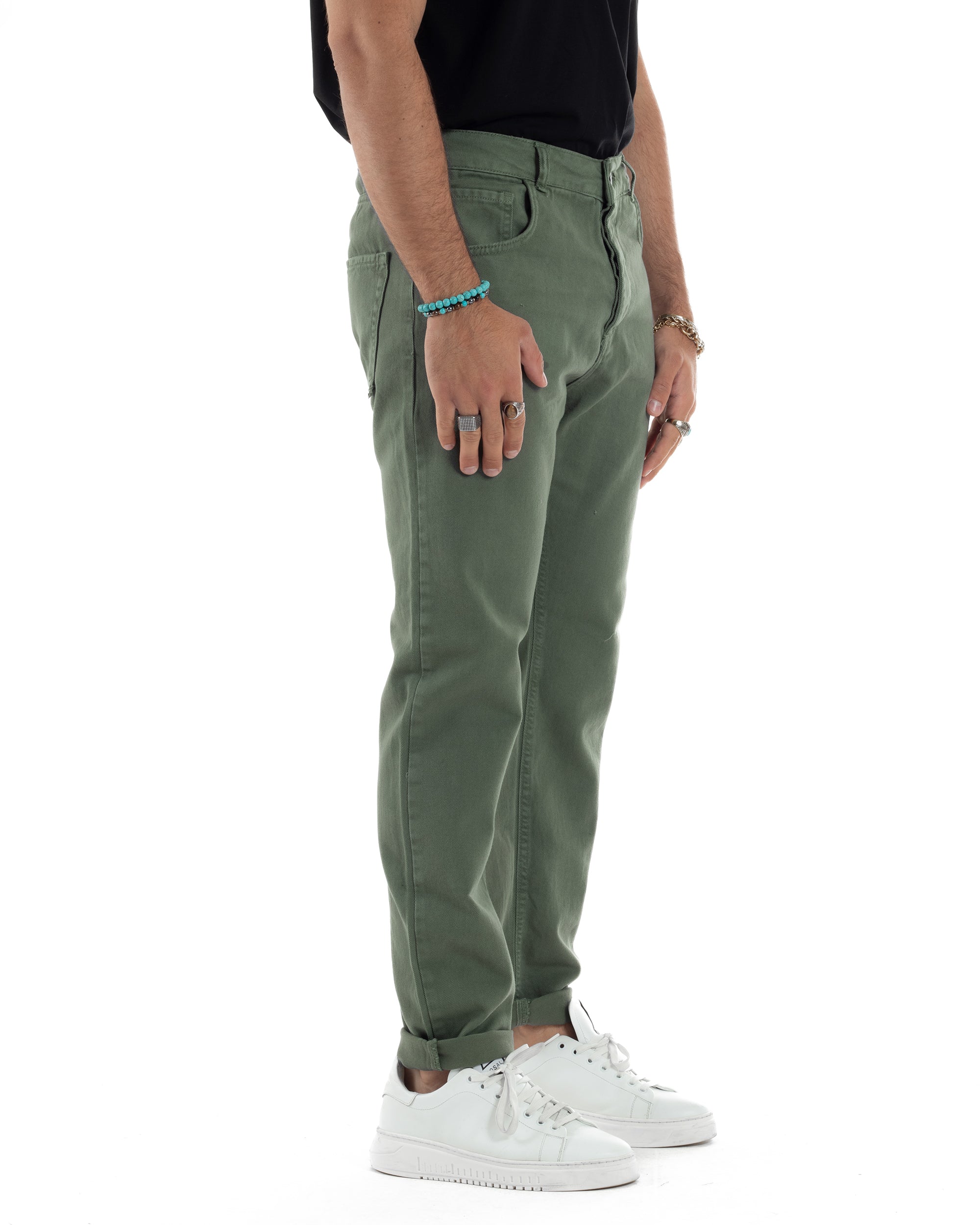 Jeans Uomo Loose Fit Pantaloni Cotone Casual Basic Verde JS1114A