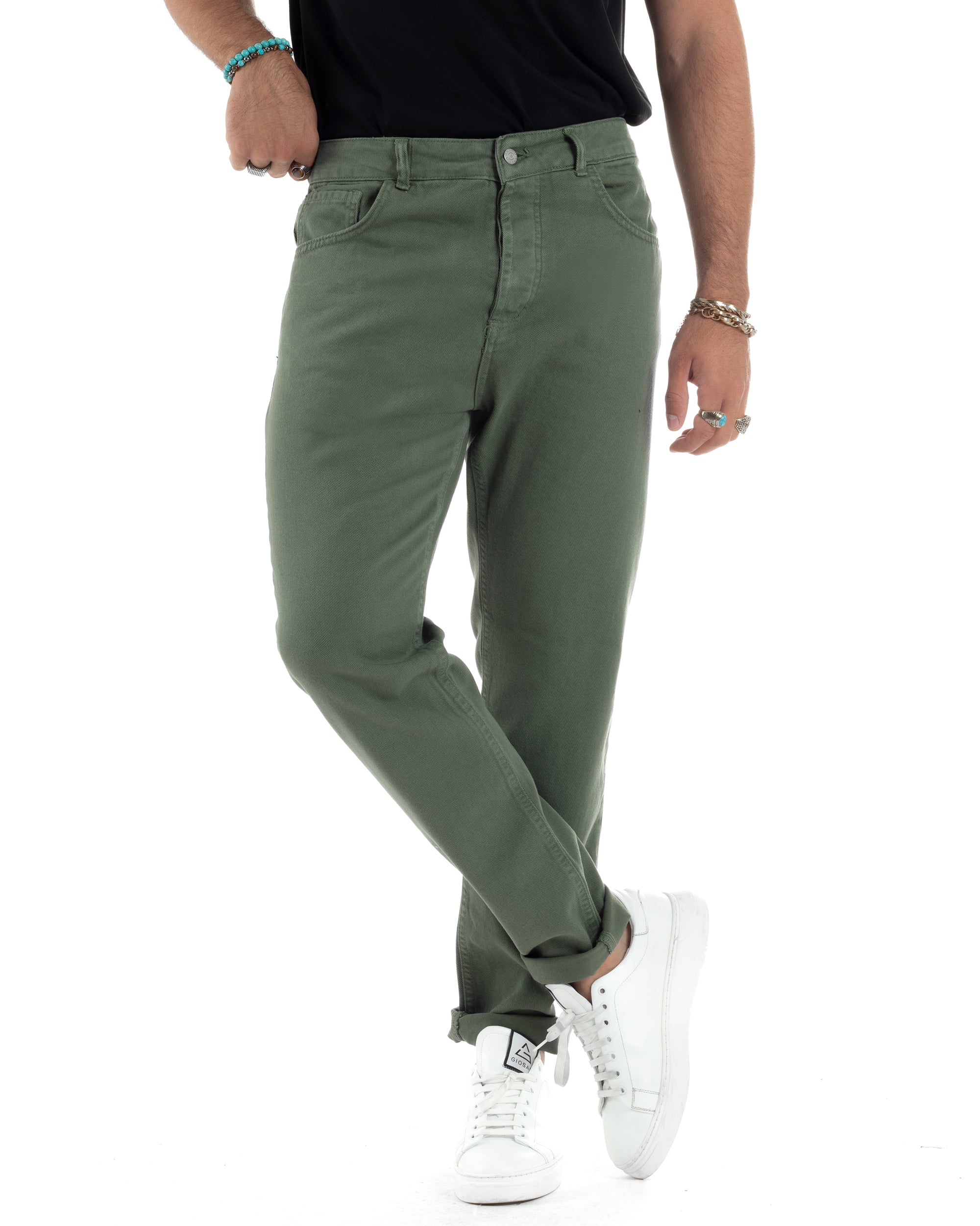 Jeans Uomo Loose Fit Pantaloni Cotone Casual Basic Verde JS1114A