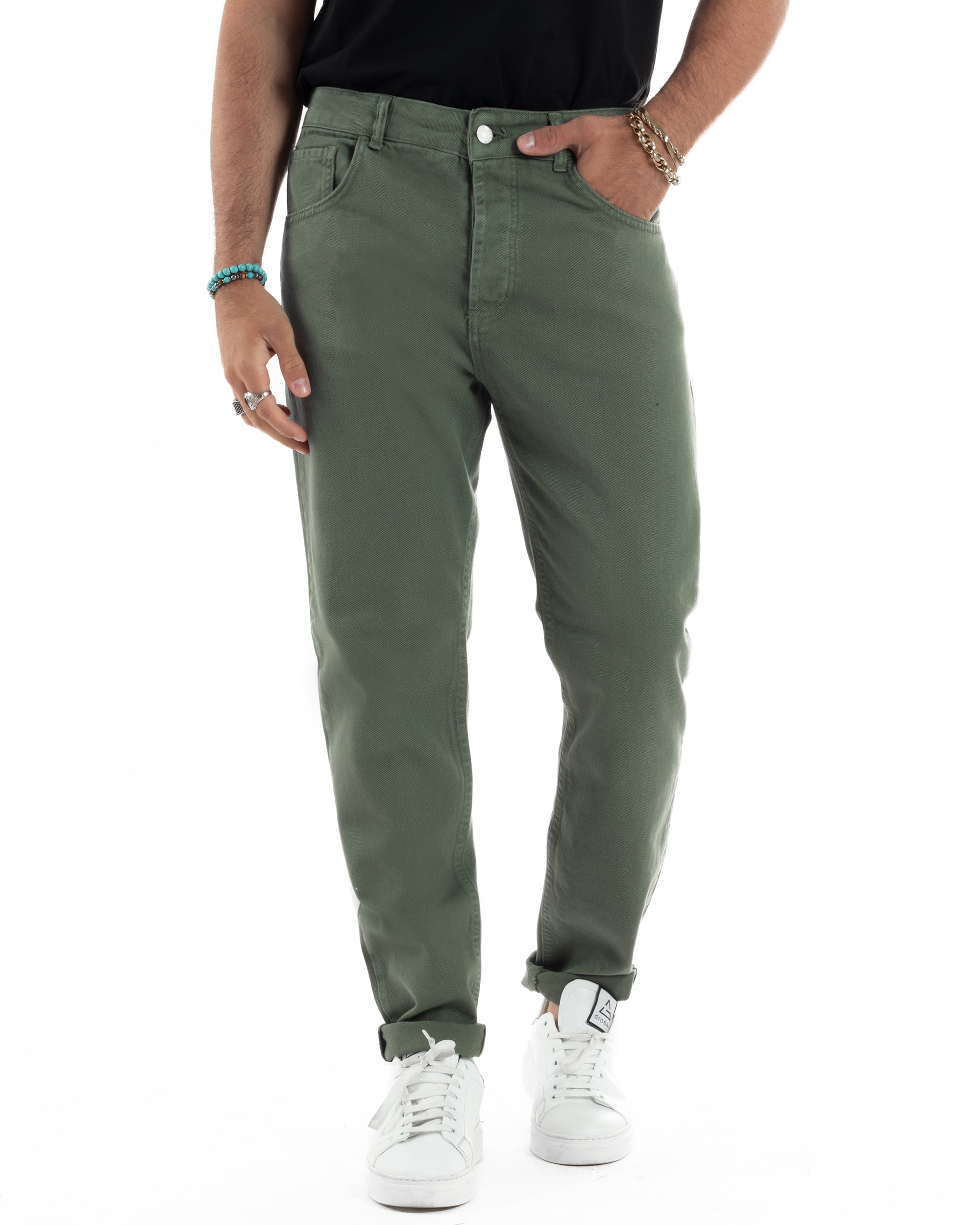 Jeans Uomo Loose Fit Pantaloni Cotone Casual Basic Verde JS1114A