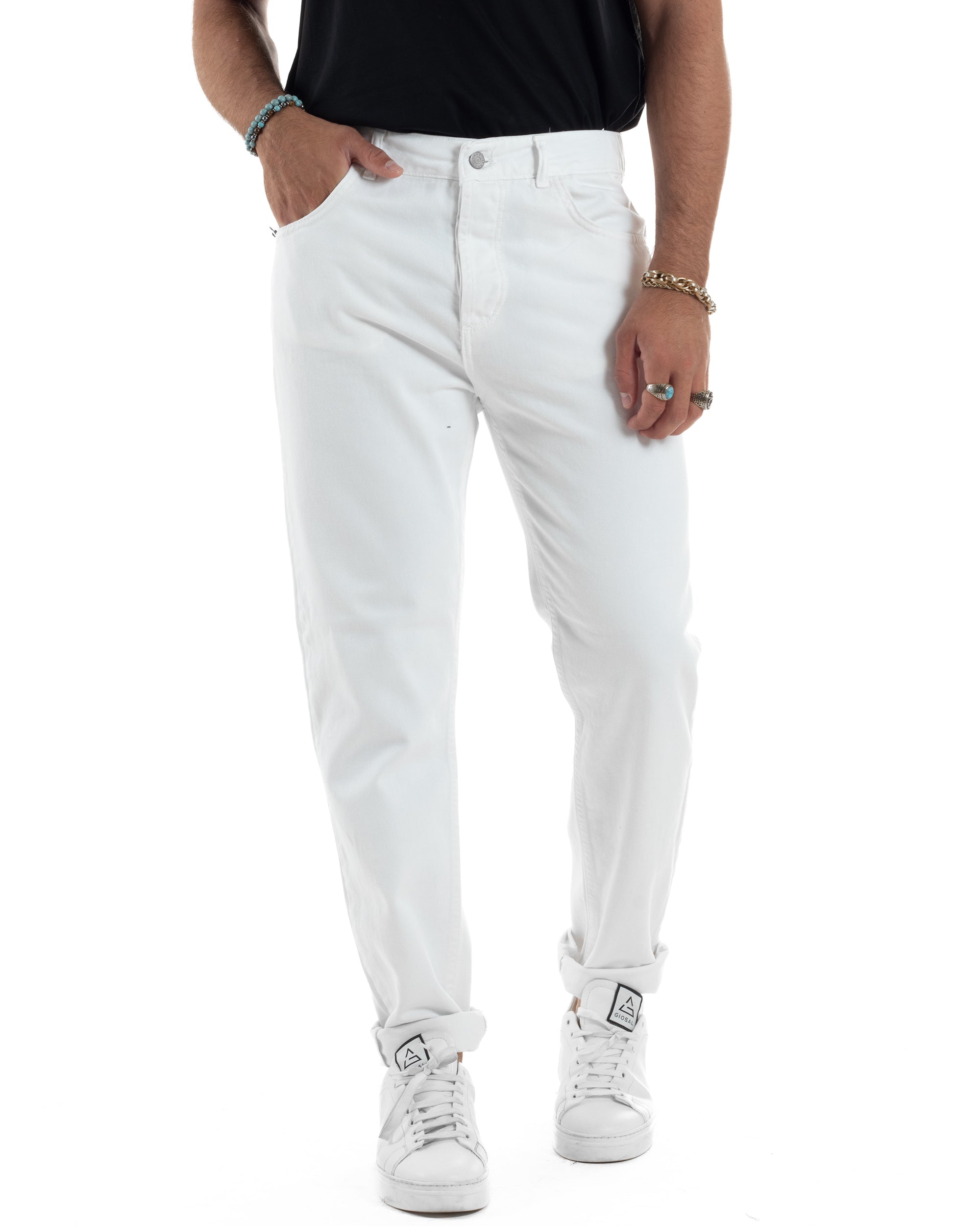Jeans Uomo Loose Fit Pantaloni Cotone Casual Basic Bianco JS1115A