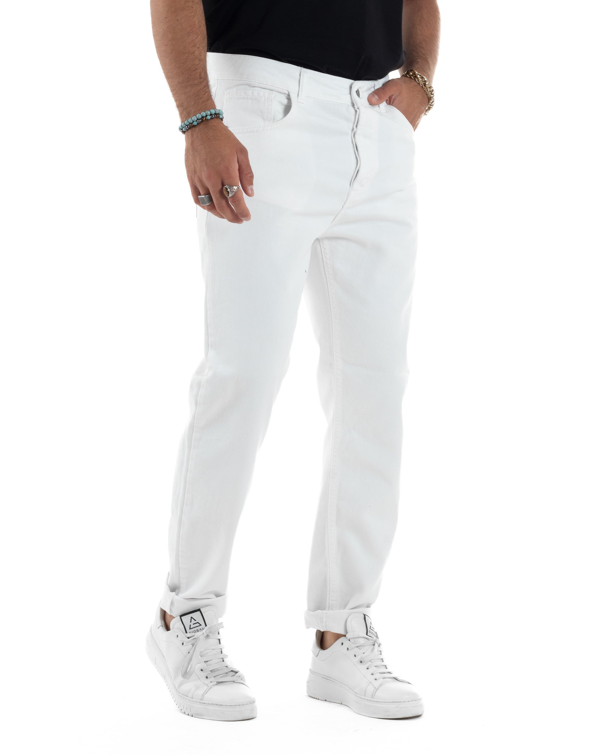 Jeans Uomo Loose Fit Pantaloni Cotone Casual Basic Bianco JS1115A