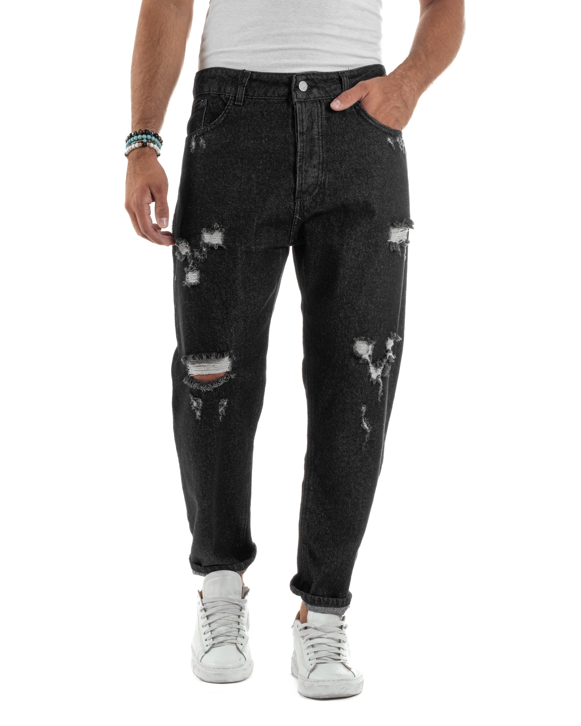 Jeans Uomo Cinque Tasche Regular Fit Rotture Basic Nero JS1125A