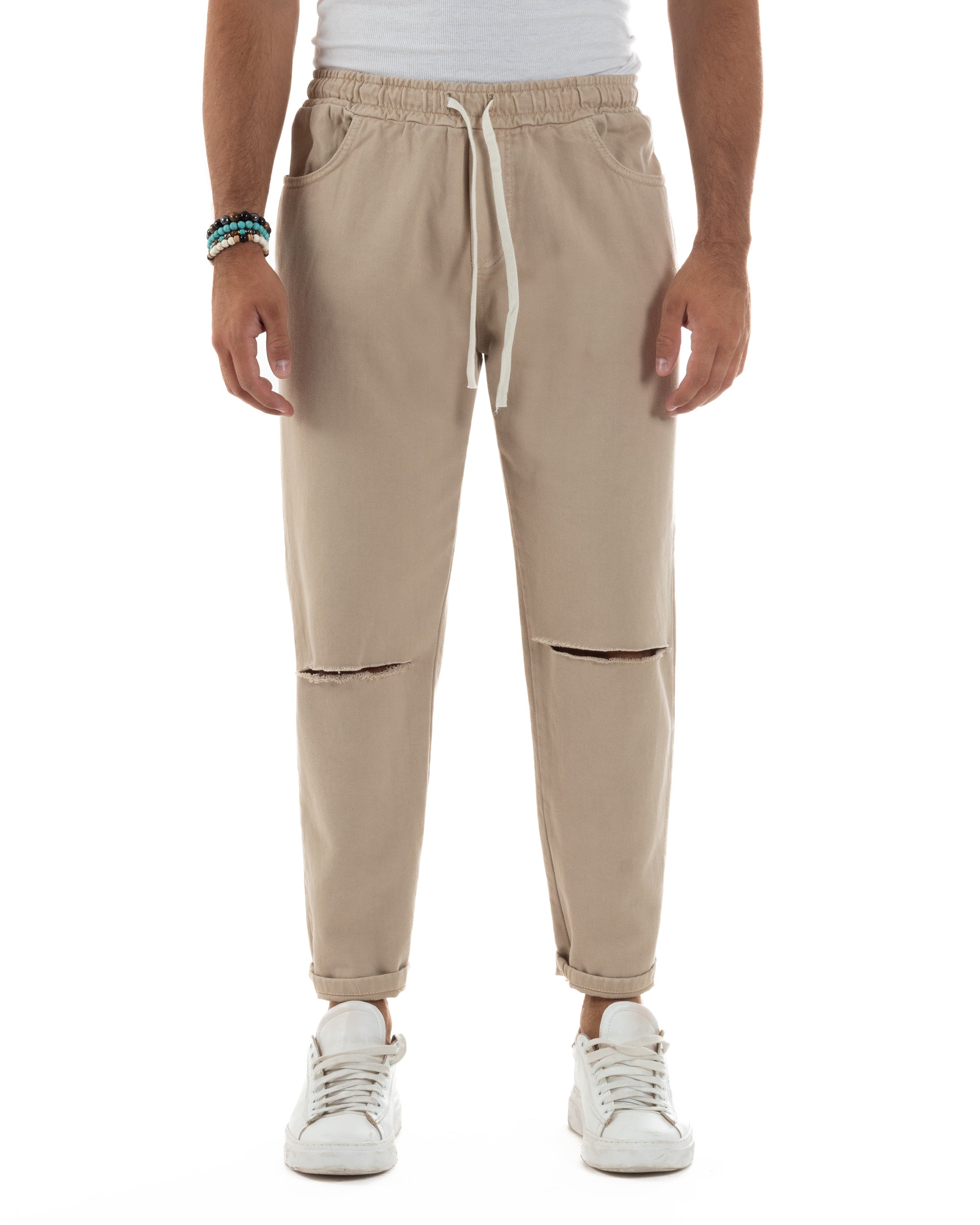 Jeans Jogger Cotone Loose Fit Basic Taglio Ginocchio Beige JS1128A