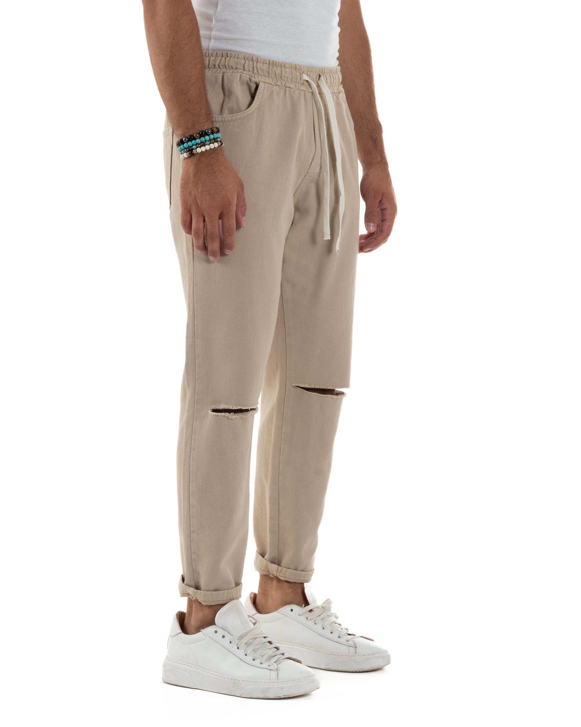 Jeans Jogger Cotone Loose Fit Basic Taglio Ginocchio Beige JS1128A