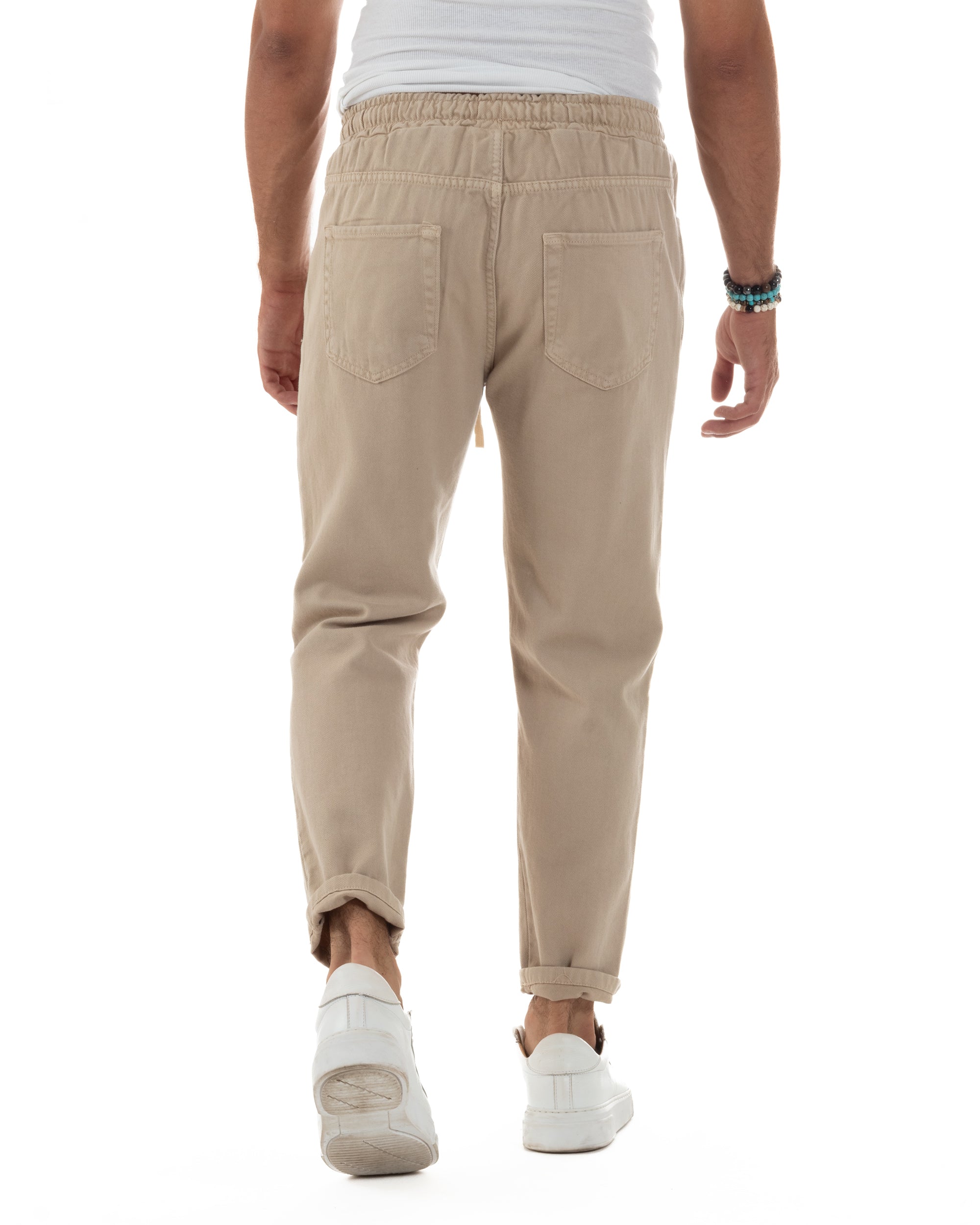 Jeans Jogger Cotone Loose Fit Basic Taglio Ginocchio Beige JS1128A