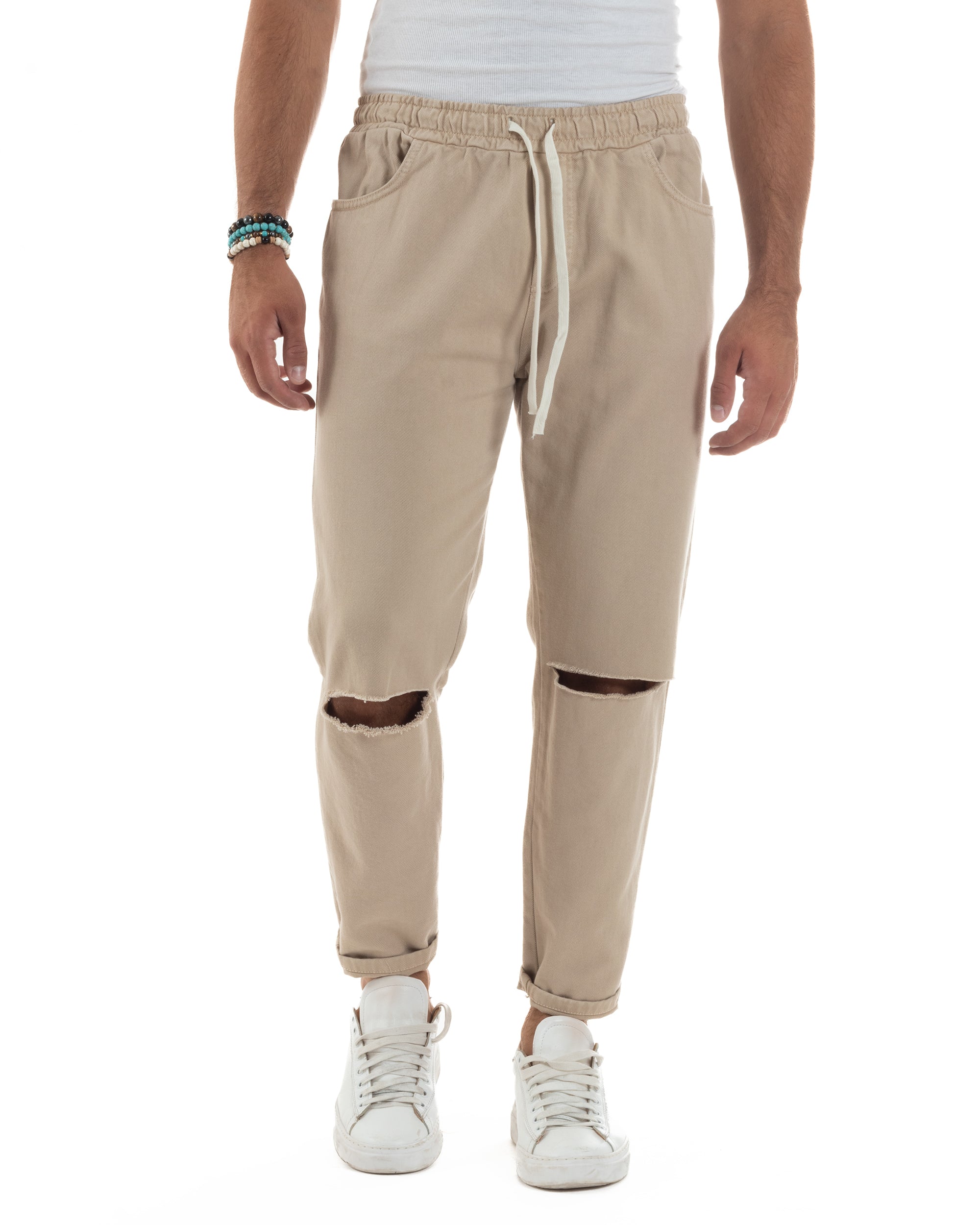 Jeans Jogger Cotone Loose Fit Basic Taglio Ginocchio Beige JS1128A