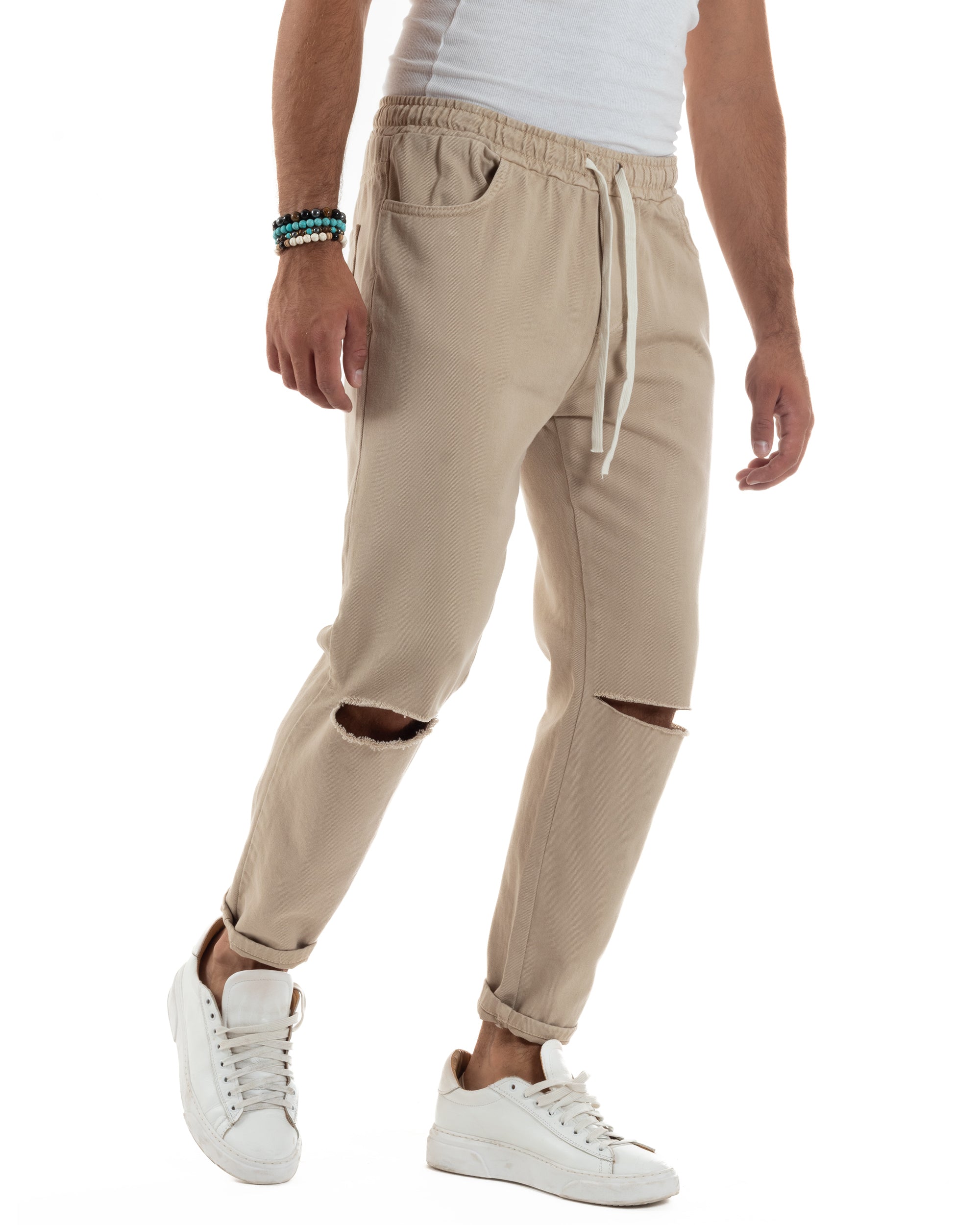Jeans Jogger Cotone Loose Fit Basic Taglio Ginocchio Beige JS1128A