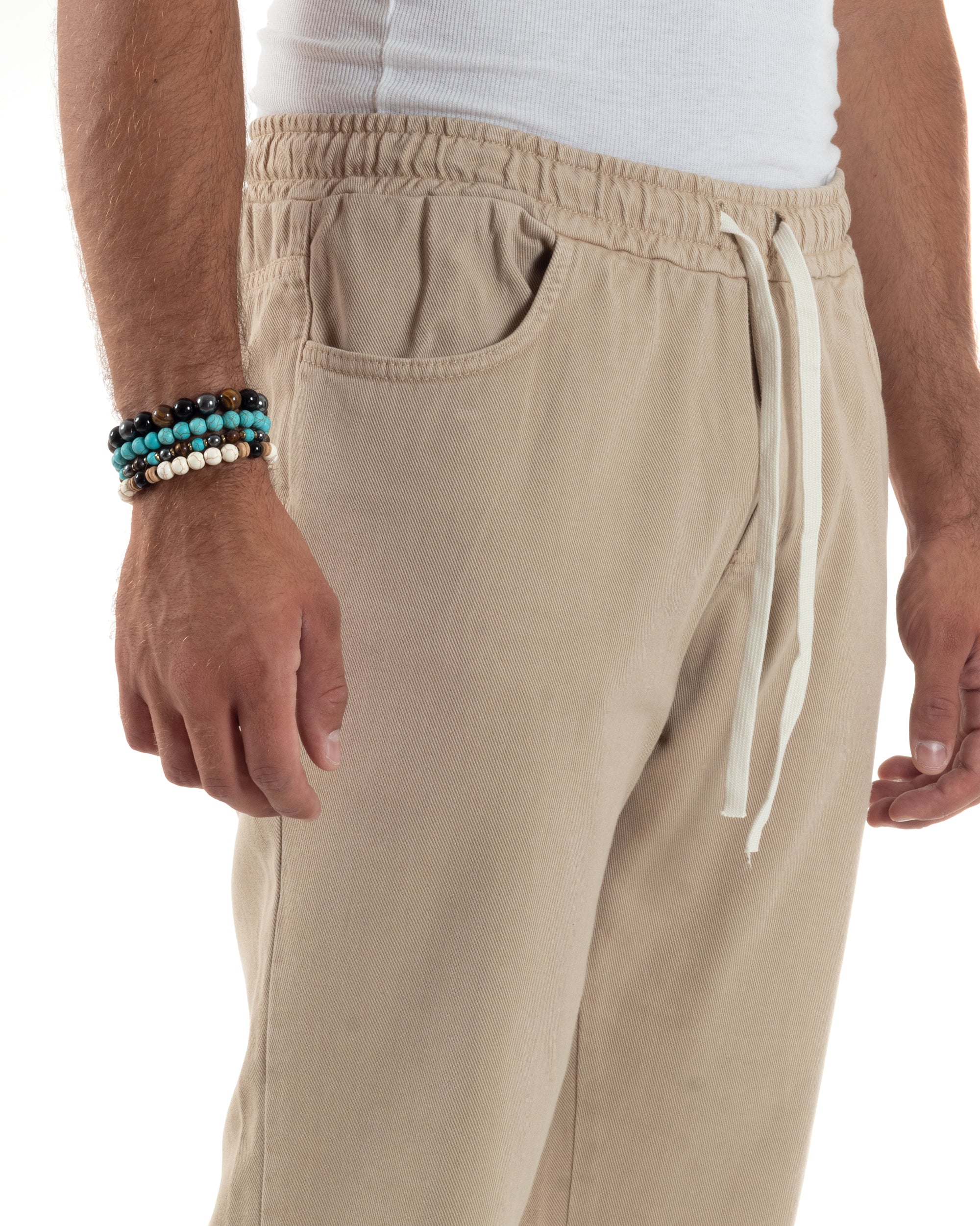 Jeans Jogger Cotone Loose Fit Basic Taglio Ginocchio Beige JS1128A