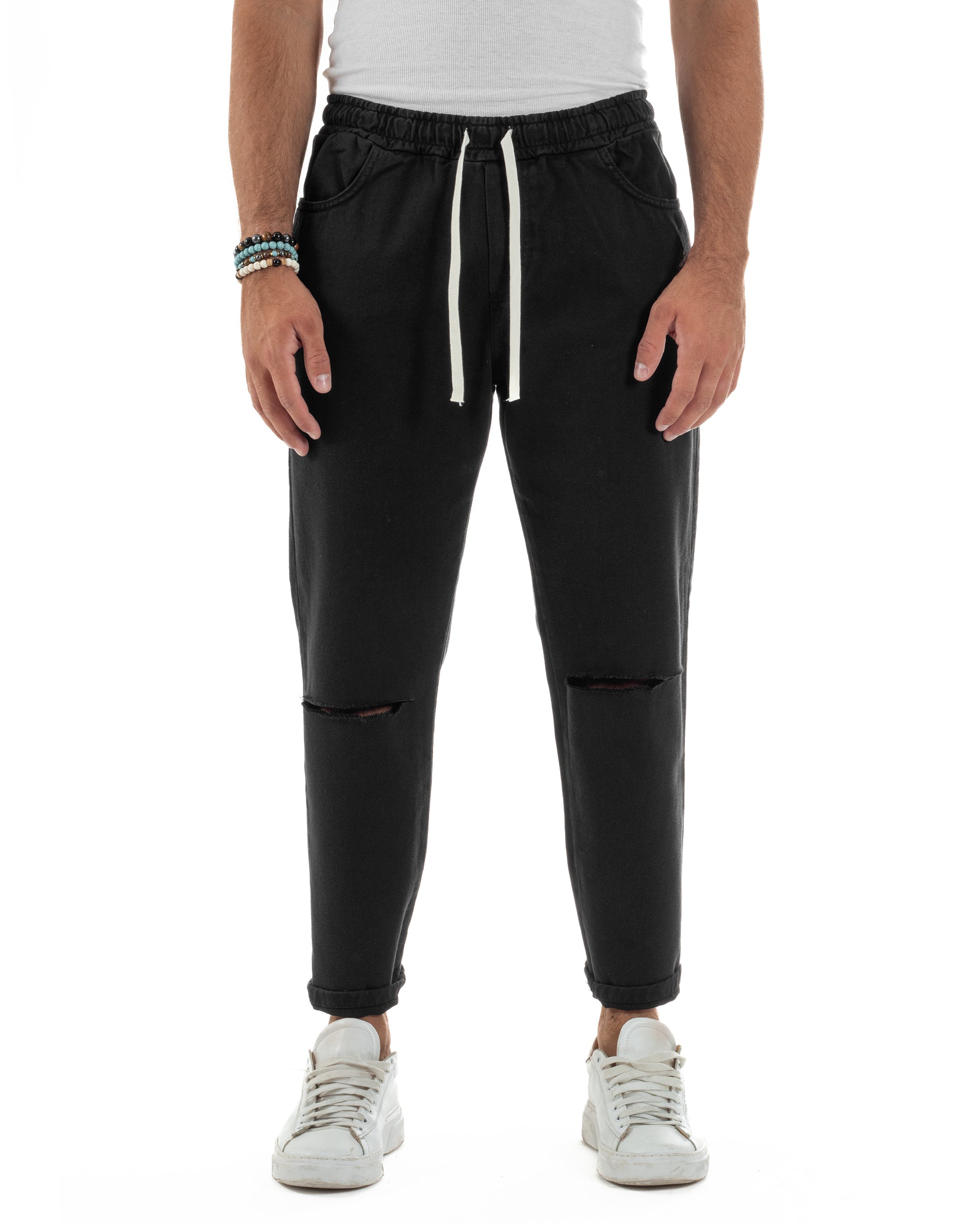 Jeans Jogger Cotone Loose Fit Basic Taglio Ginocchio Nero JS1129A