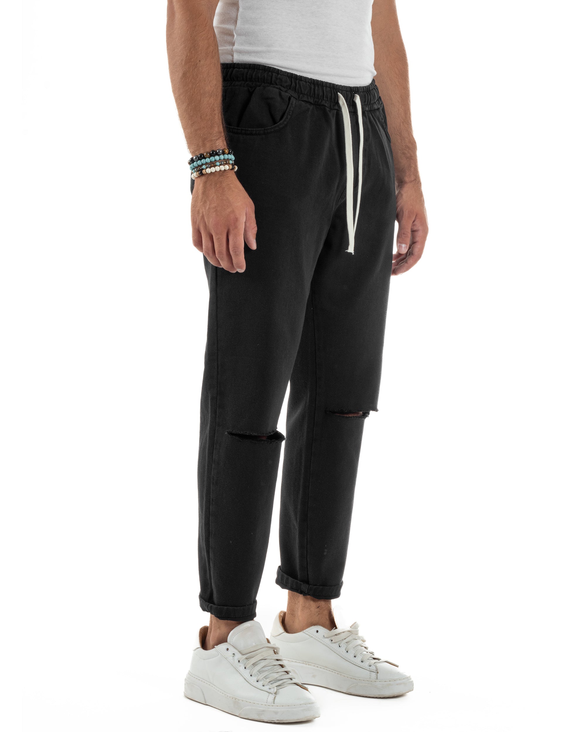 Jeans Jogger Cotone Loose Fit Basic Taglio Ginocchio Nero JS1129A