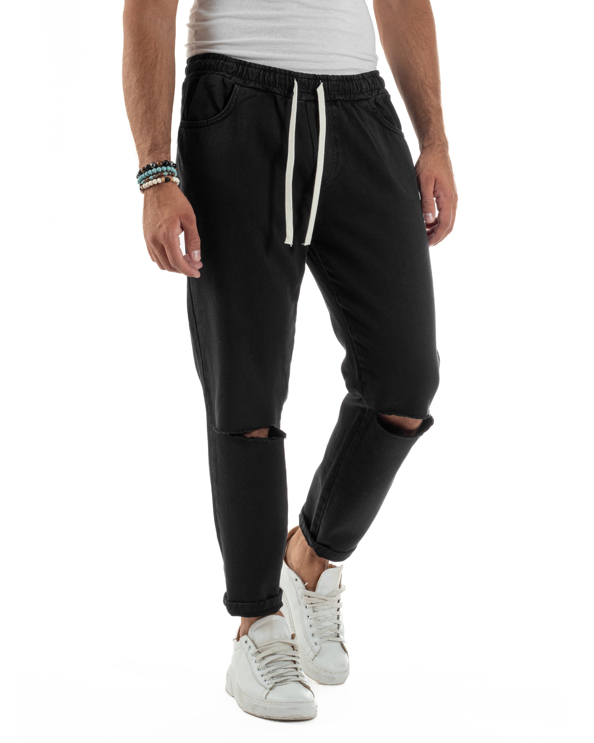 Jeans Jogger Cotone Loose Fit Basic Taglio Ginocchio Nero JS1129A