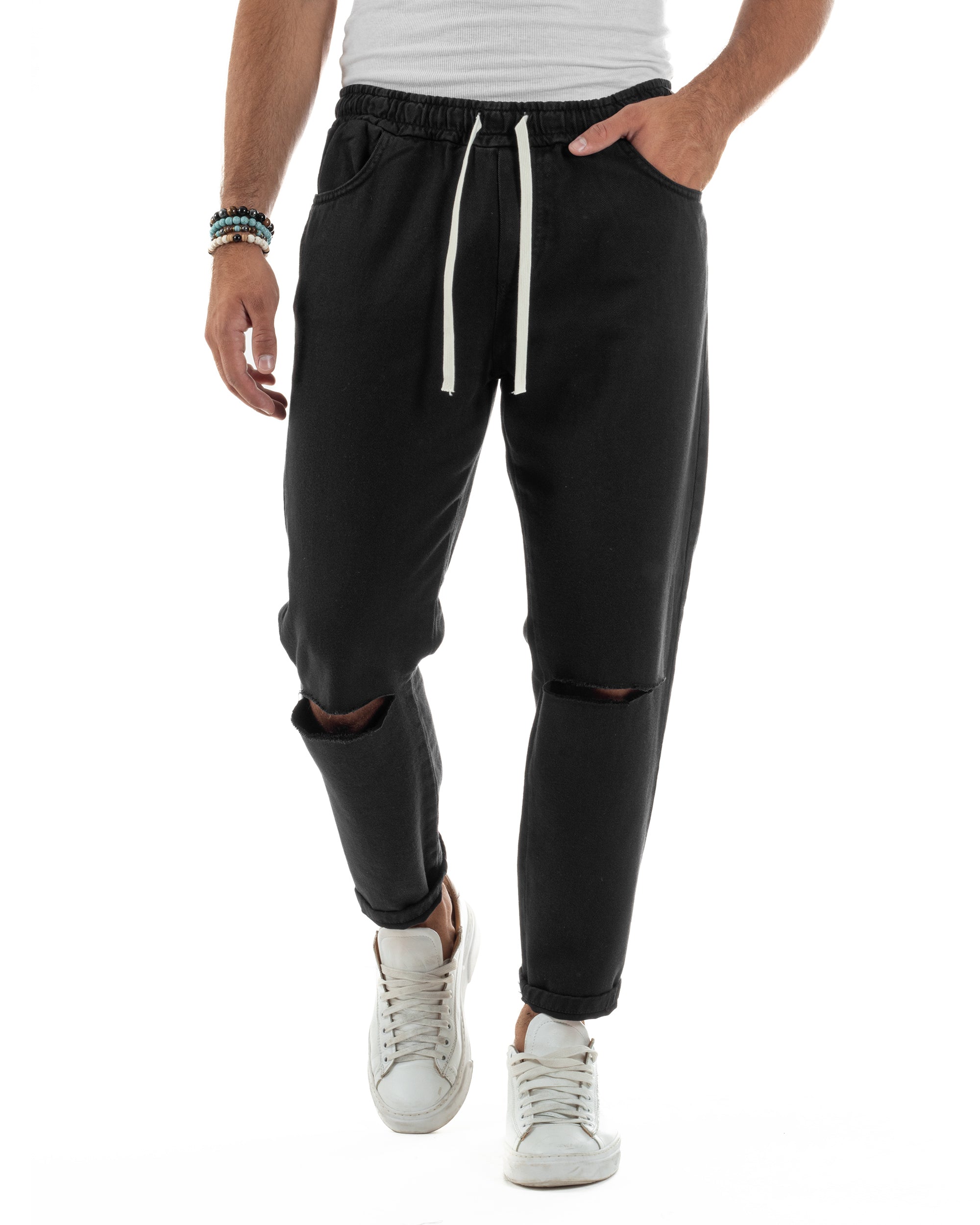 Jeans Jogger Cotone Loose Fit Basic Taglio Ginocchio Nero JS1129A