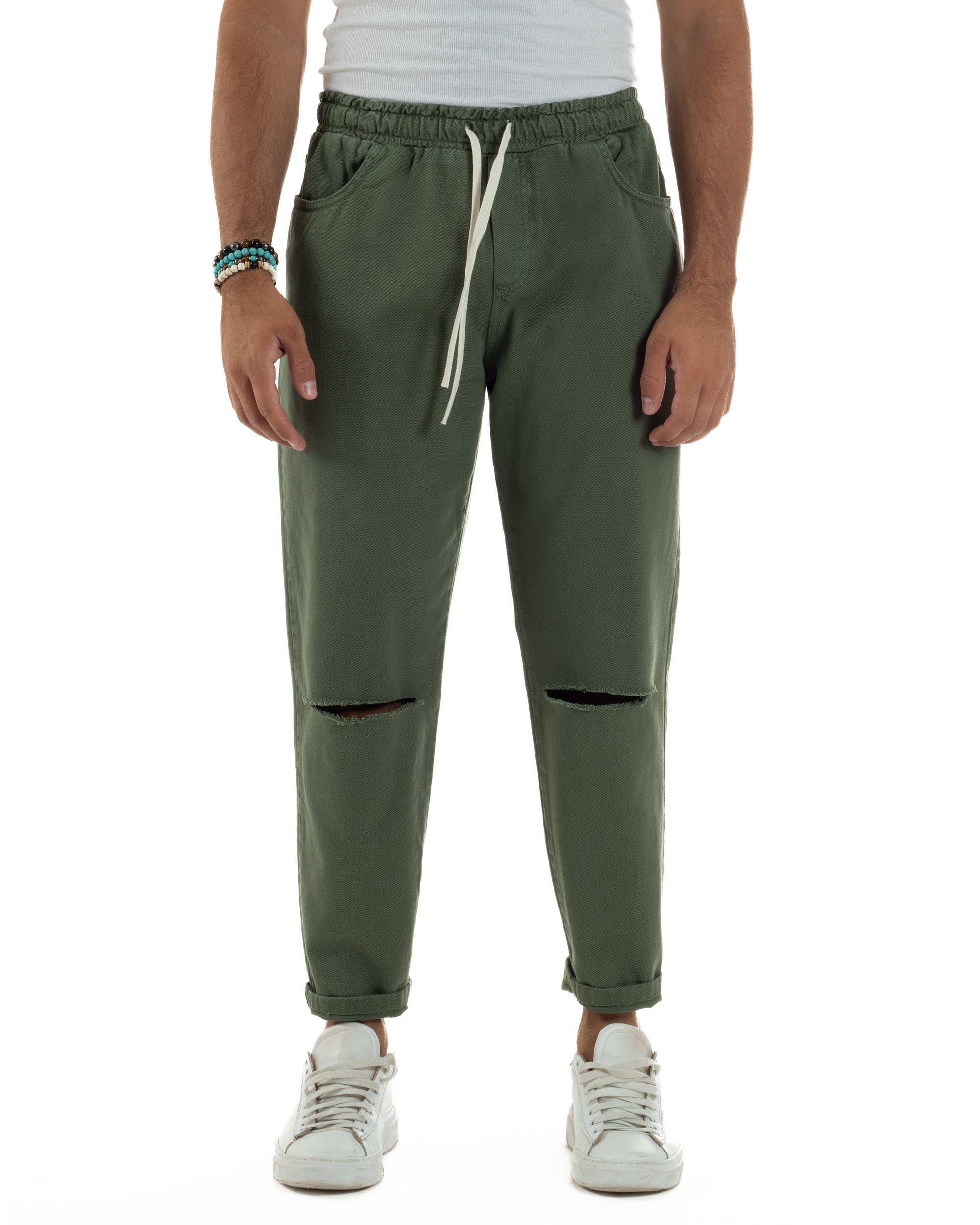 Jeans Jogger Cotone Loose Fit Basic Taglio Ginocchio Verde JS1130A