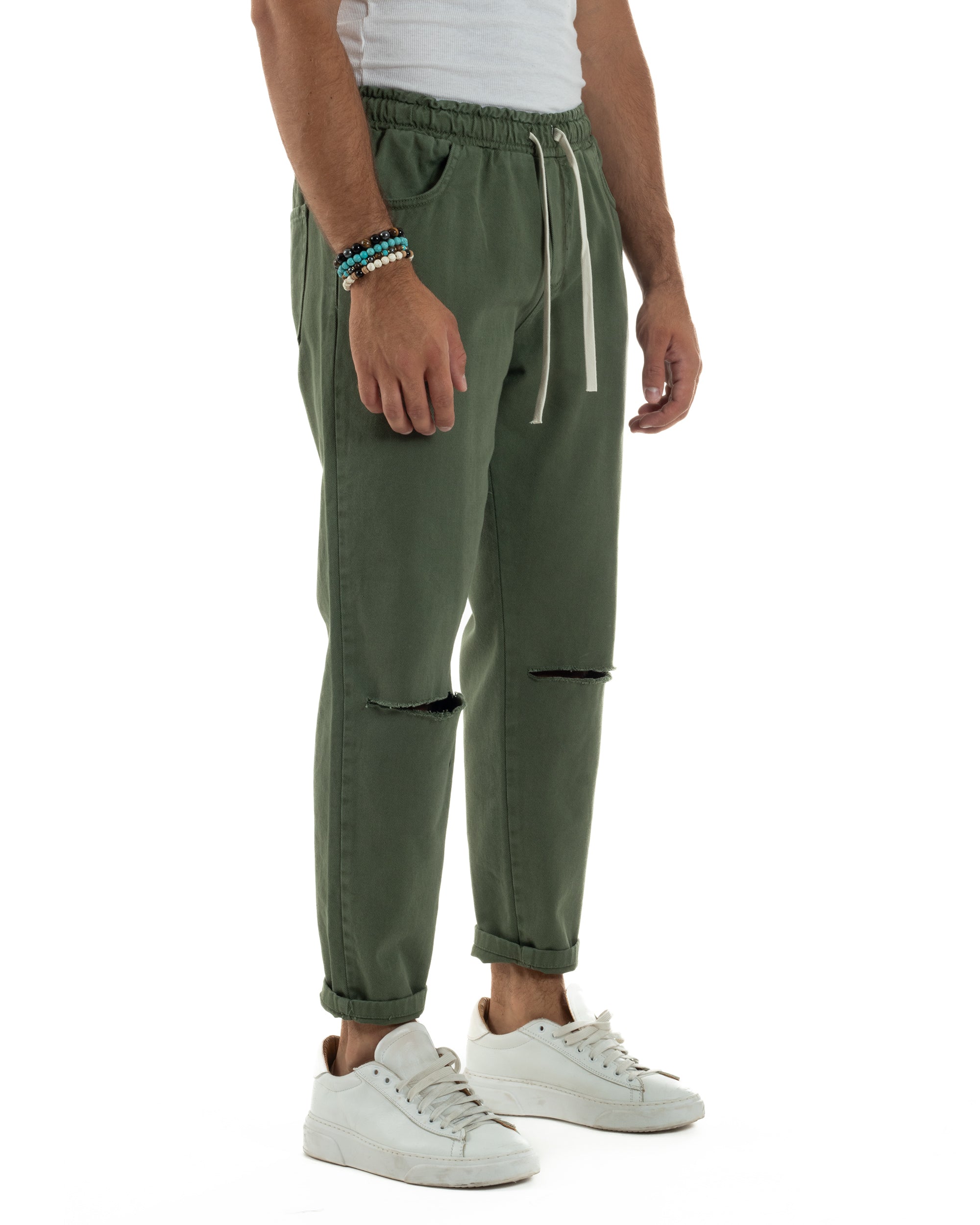Jeans Jogger Cotone Loose Fit Basic Taglio Ginocchio Verde JS1130A