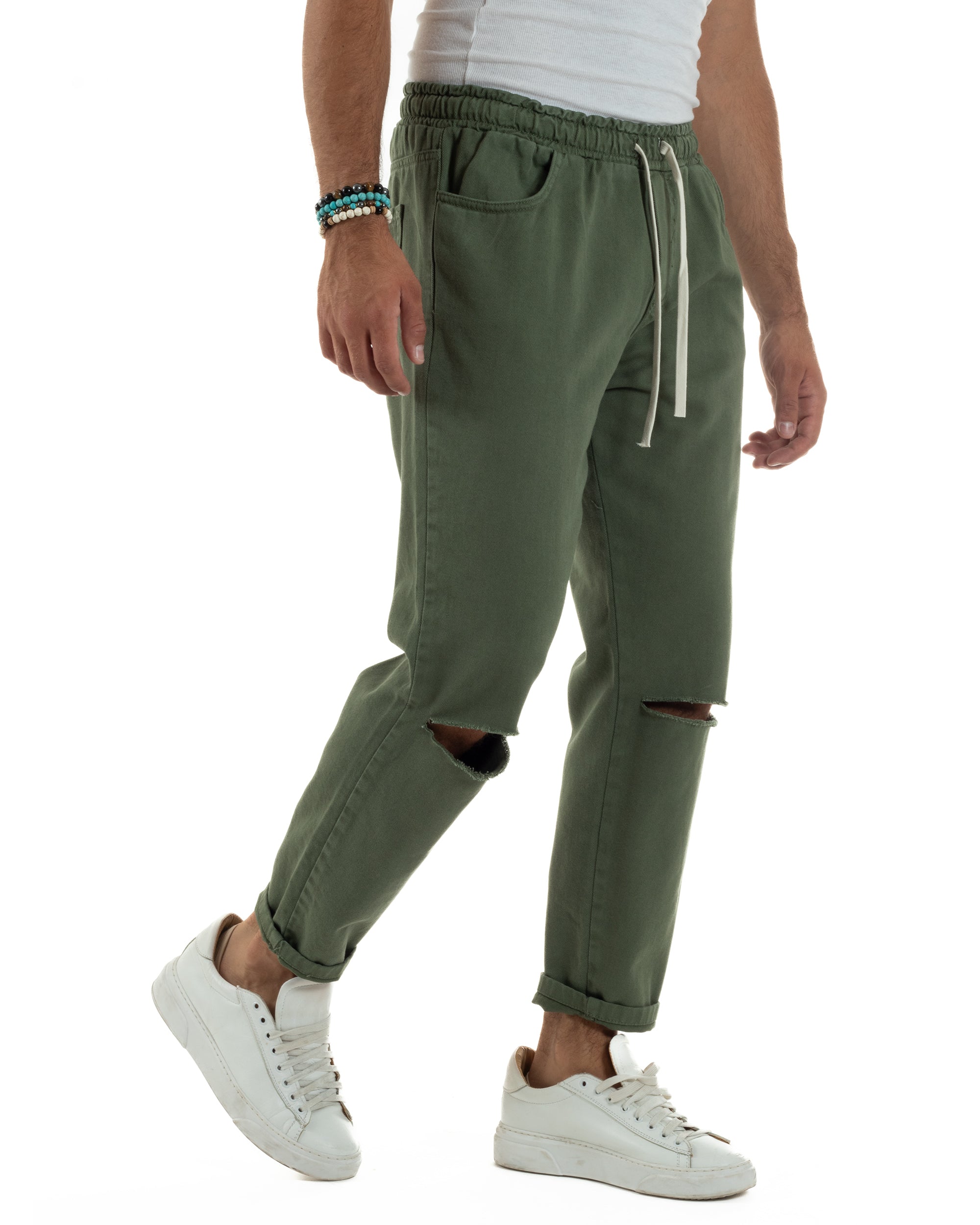 Jeans Jogger Cotone Loose Fit Basic Taglio Ginocchio Verde JS1130A