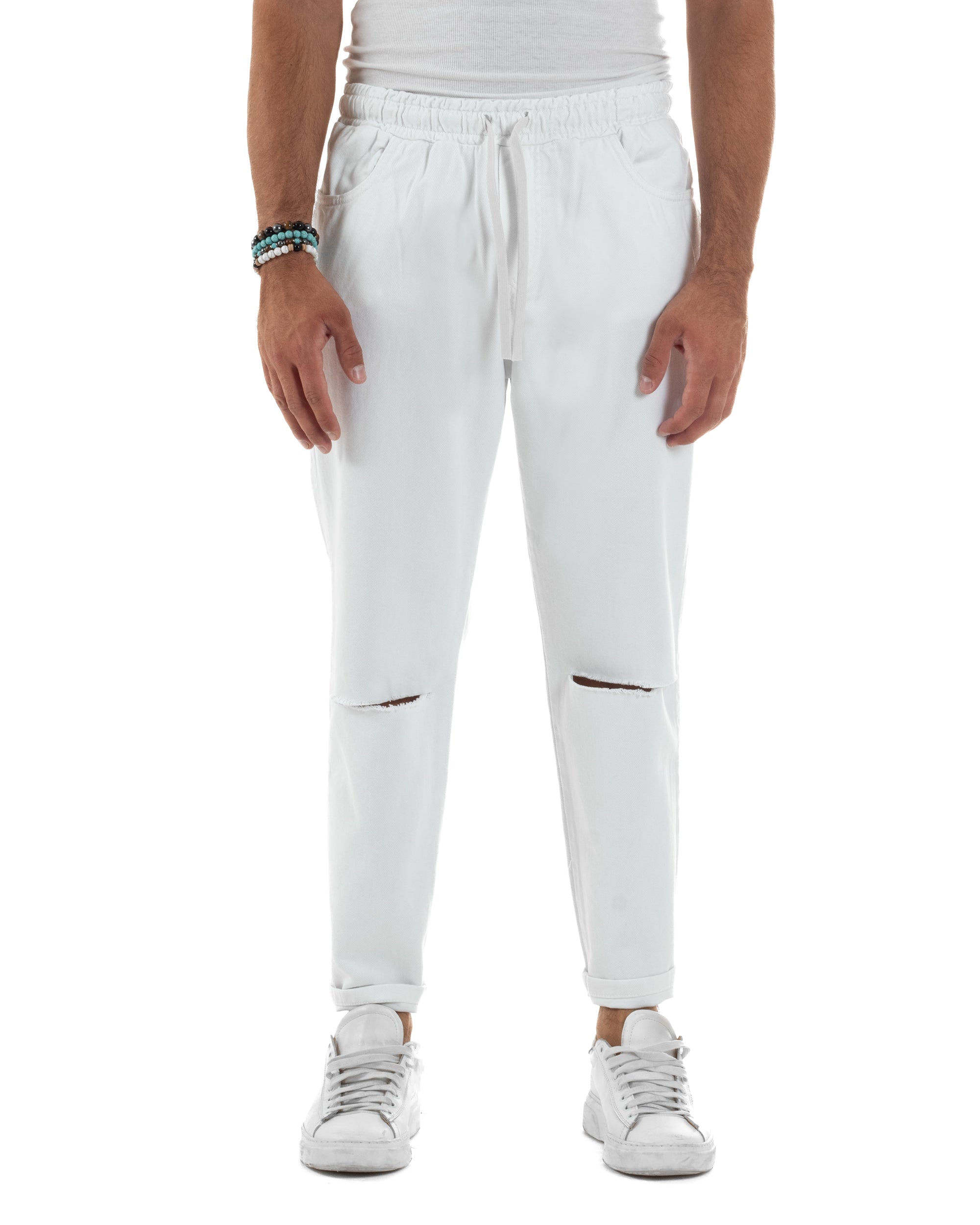 Jeans Jogger Cotone Loose Fit Basic Taglio Ginocchio Bianco JS1131A