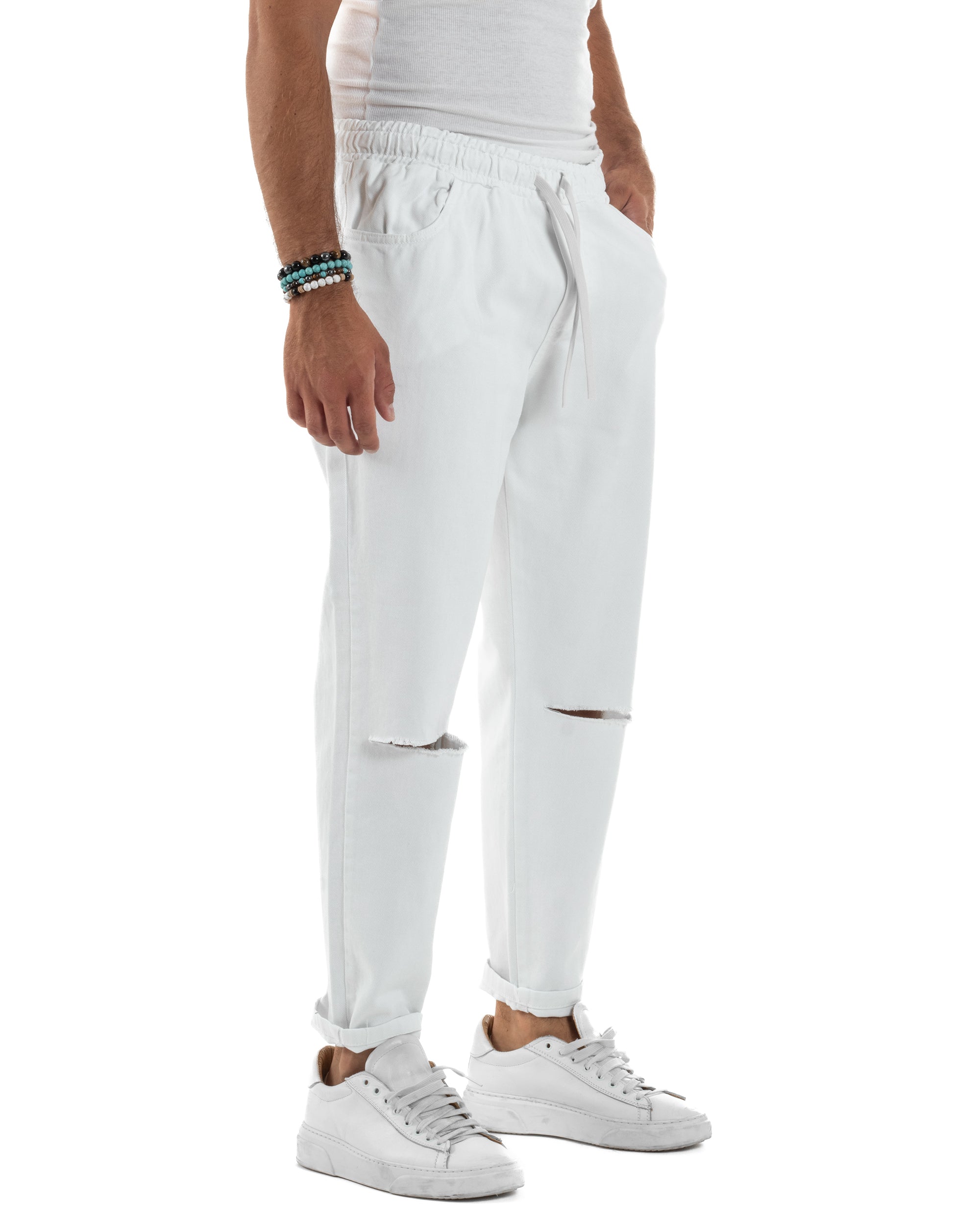 Jeans Jogger Cotone Loose Fit Basic Taglio Ginocchio Bianco JS1131A