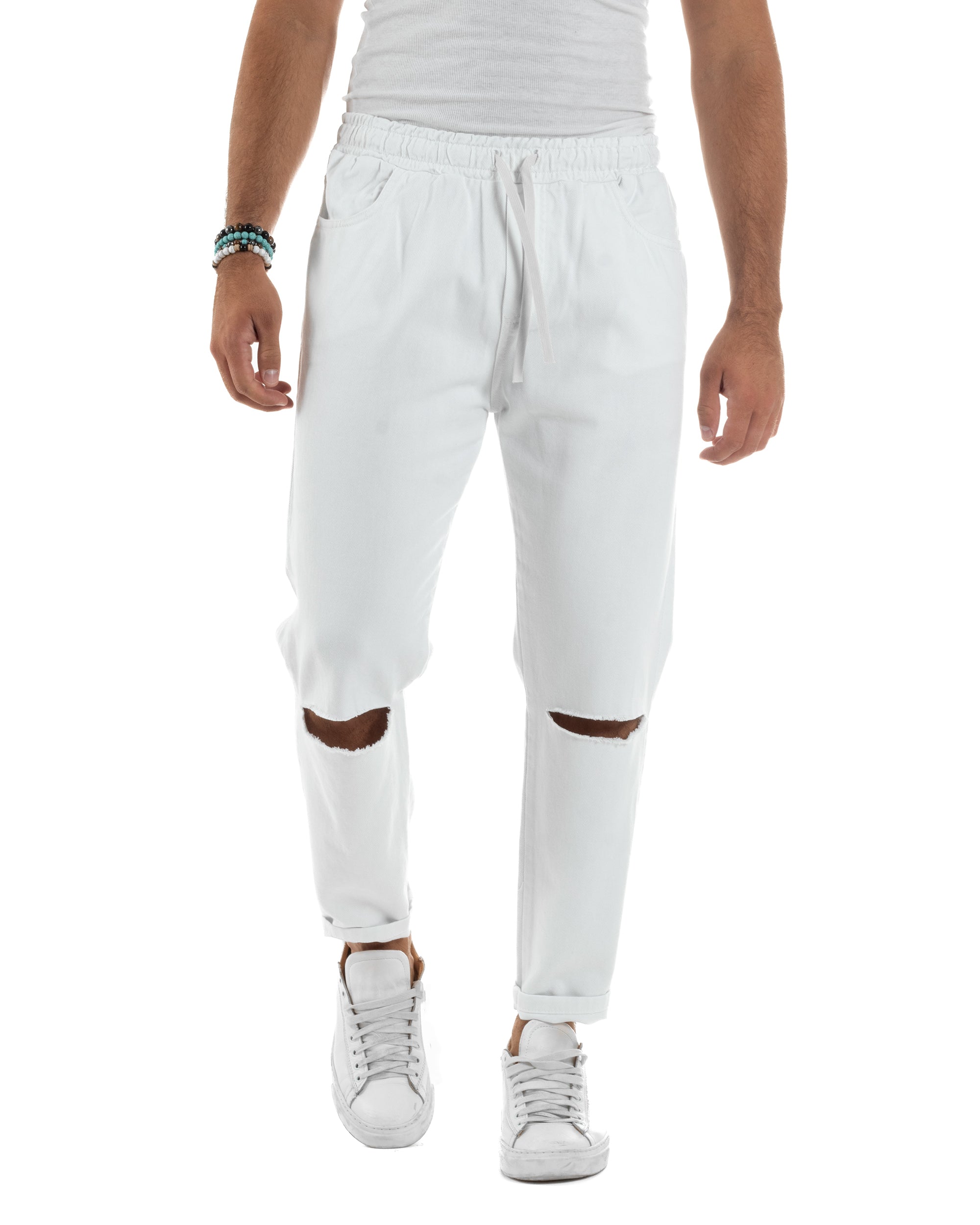 Jeans Jogger Cotone Loose Fit Basic Taglio Ginocchio Bianco JS1131A