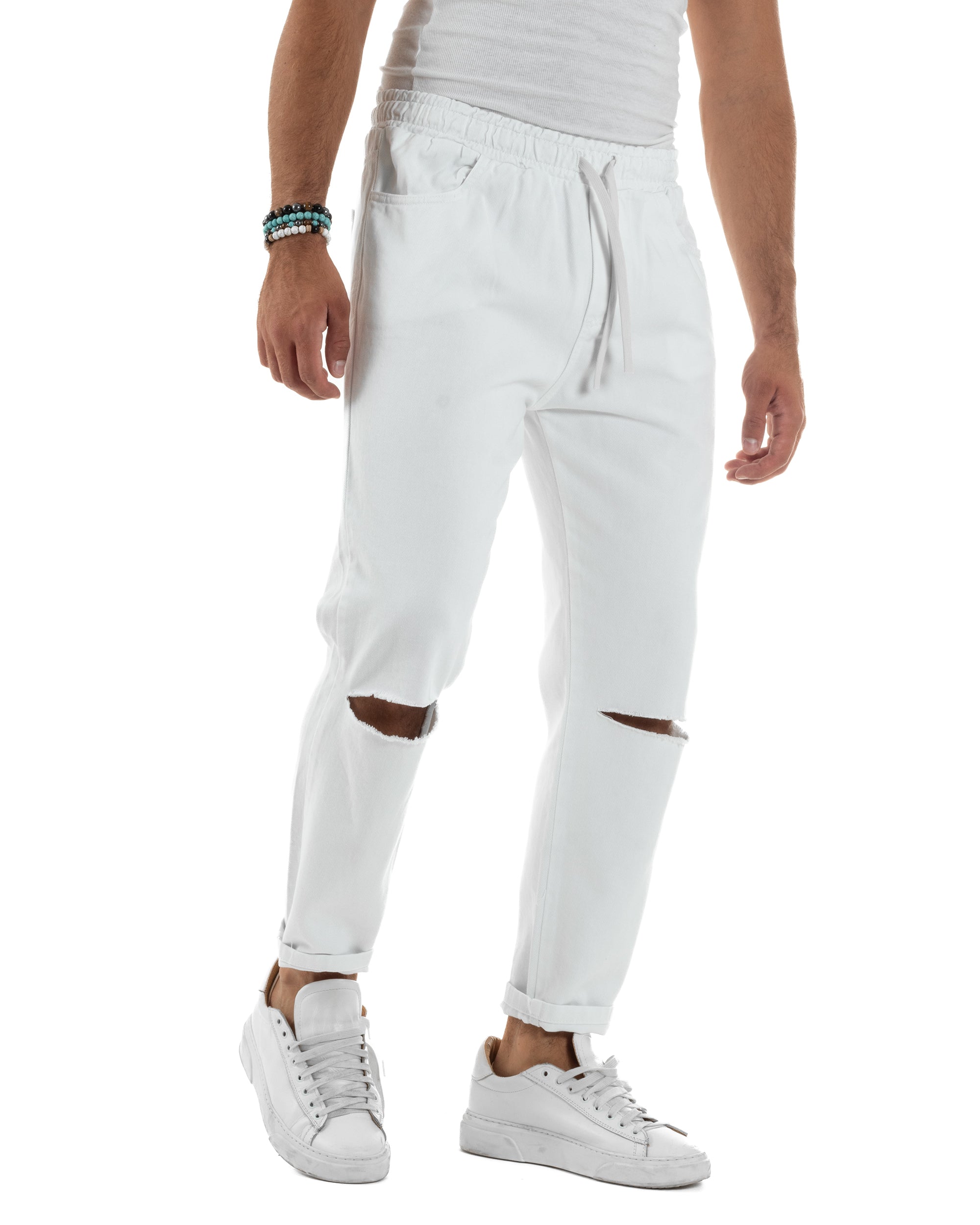 Jeans Jogger Cotone Loose Fit Basic Taglio Ginocchio Bianco JS1131A