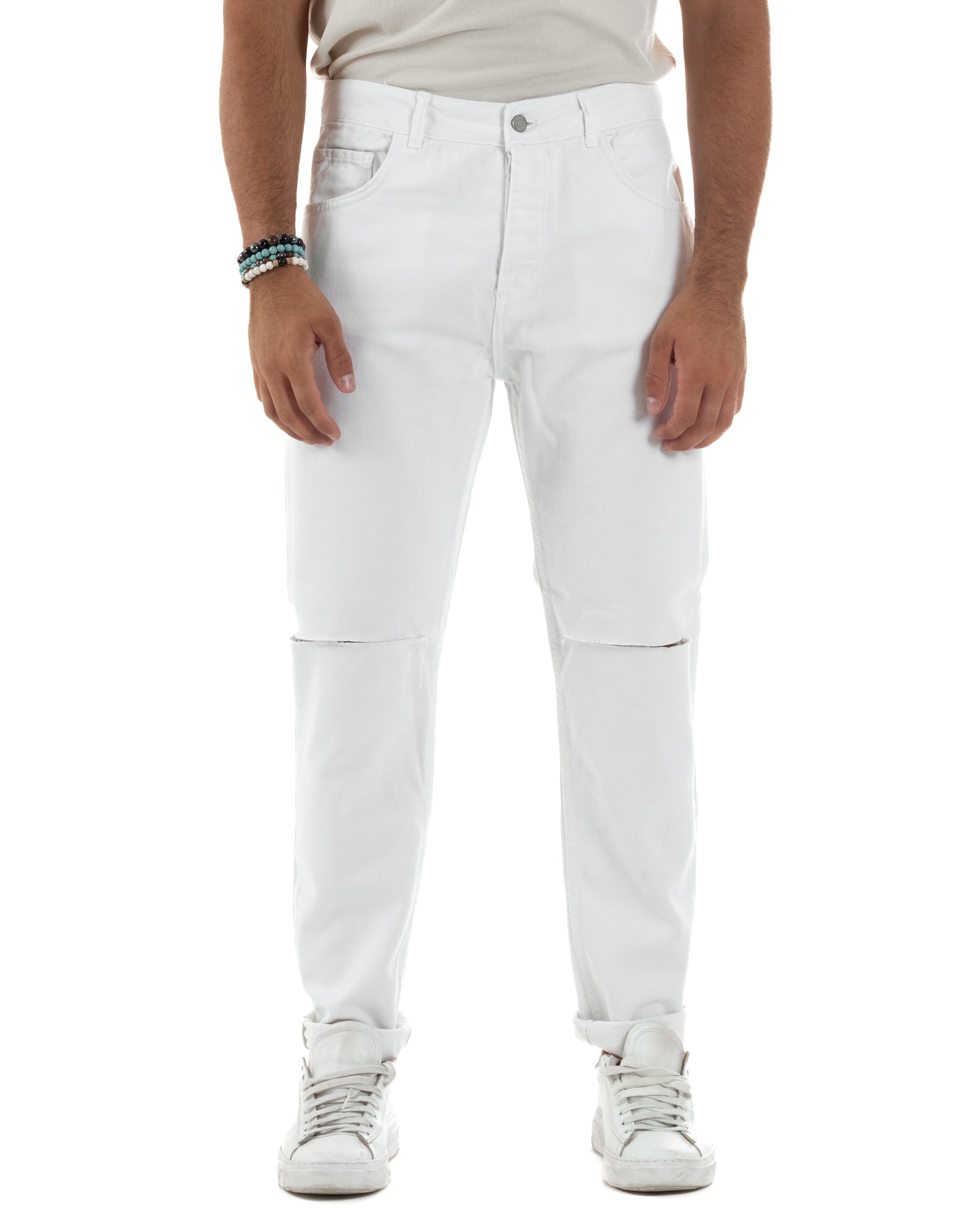 Jeans Uomo Loose Fit Pantaloni Taglio Ginocchio Casual Basic Bianco JS1133A