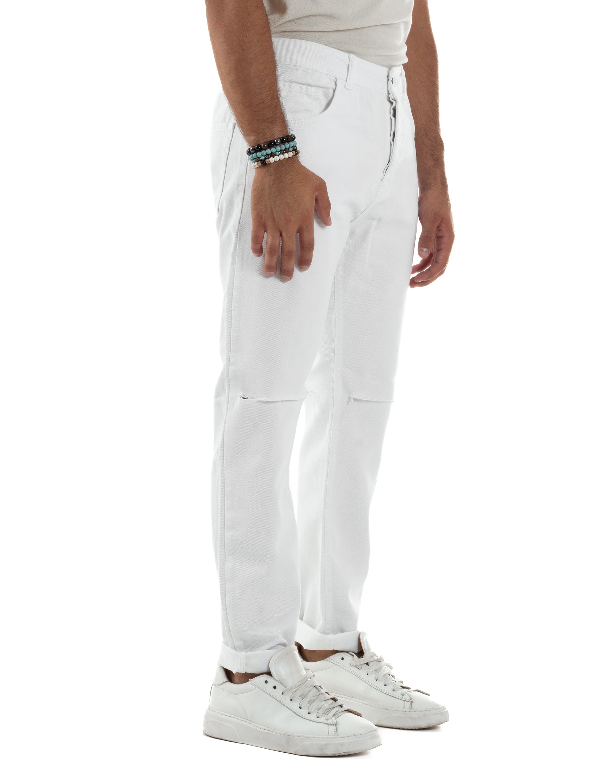 Jeans Uomo Loose Fit Pantaloni Taglio Ginocchio Casual Basic Bianco JS1133A