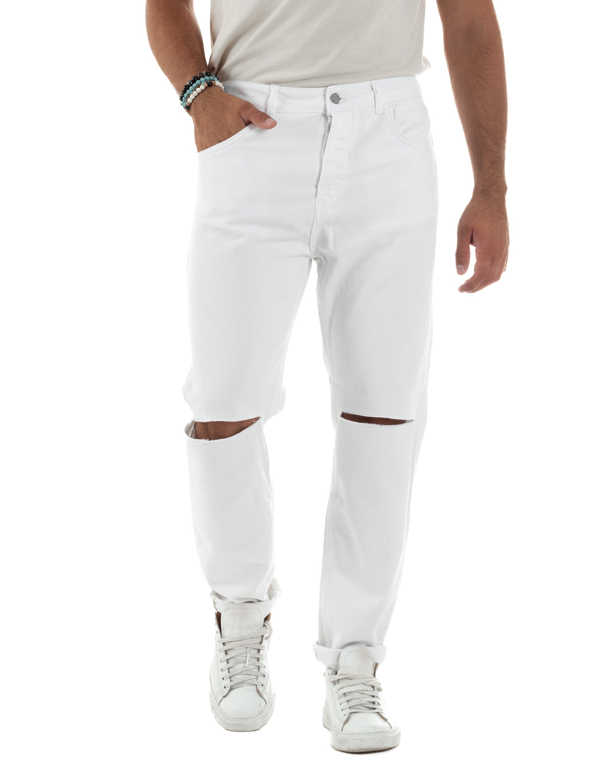 Jeans Uomo Loose Fit Pantaloni Taglio Ginocchio Casual Basic Bianco JS1133A