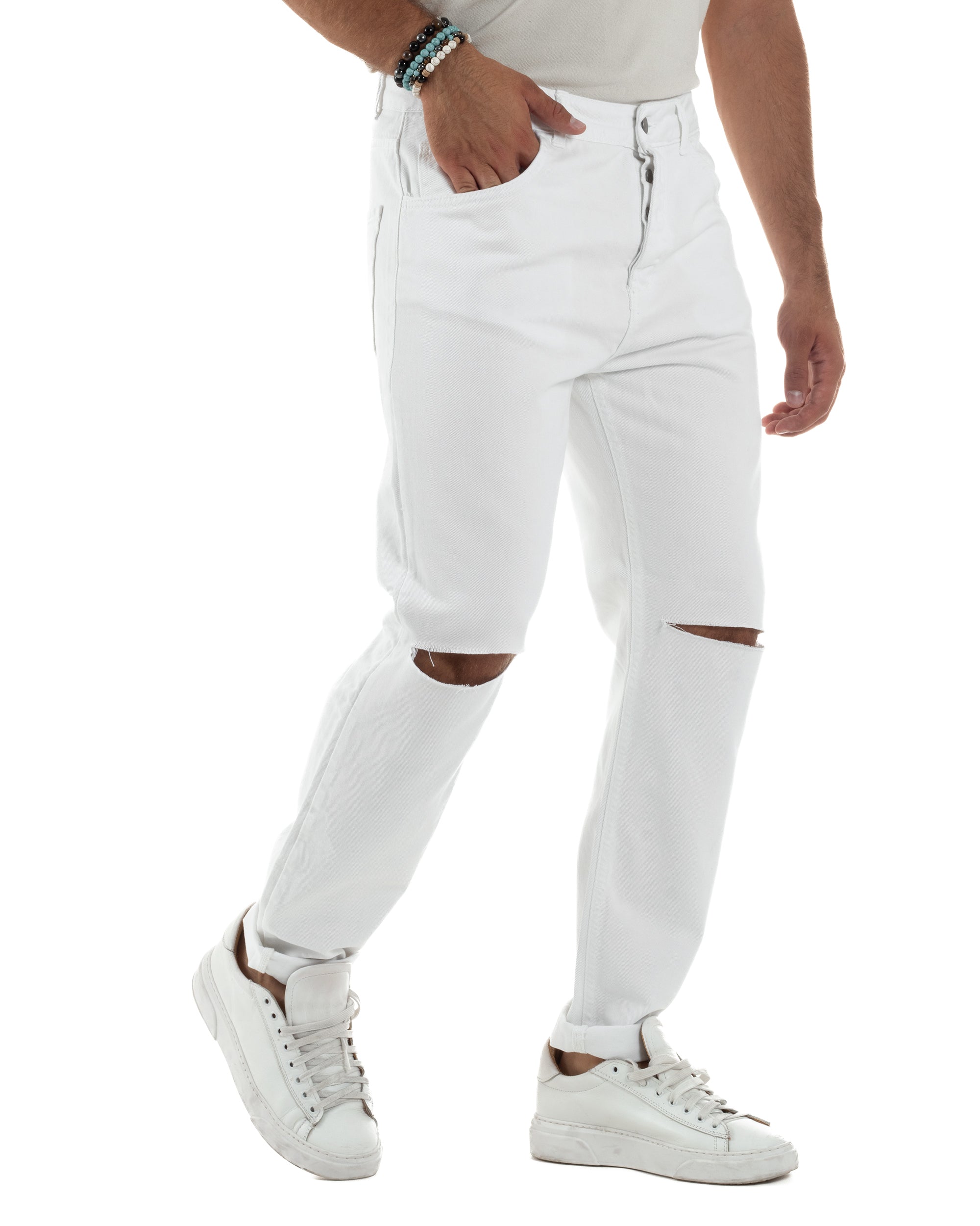 Jeans Uomo Loose Fit Pantaloni Taglio Ginocchio Casual Basic Bianco JS1133A