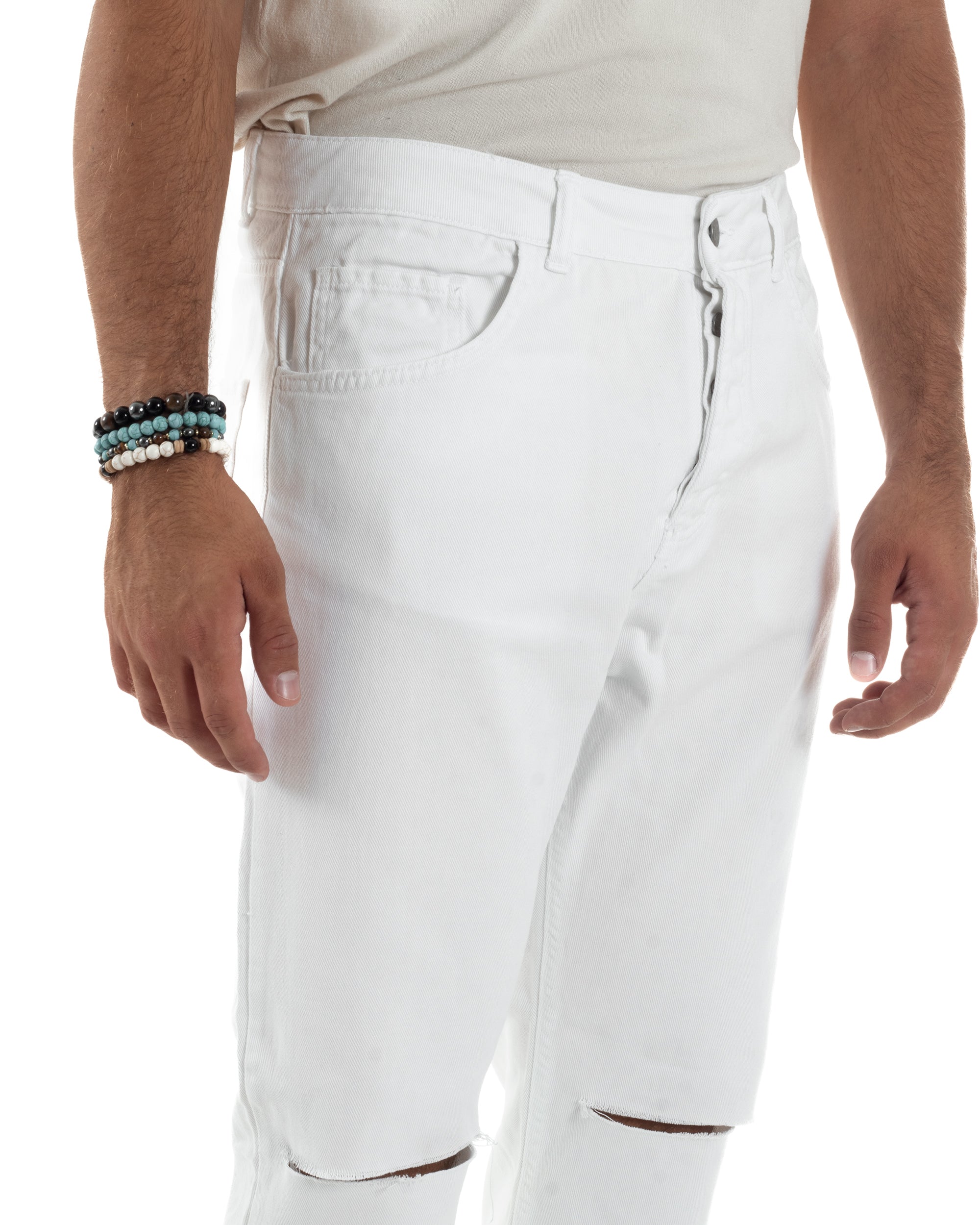 Jeans Uomo Loose Fit Pantaloni Taglio Ginocchio Casual Basic Bianco JS1133A