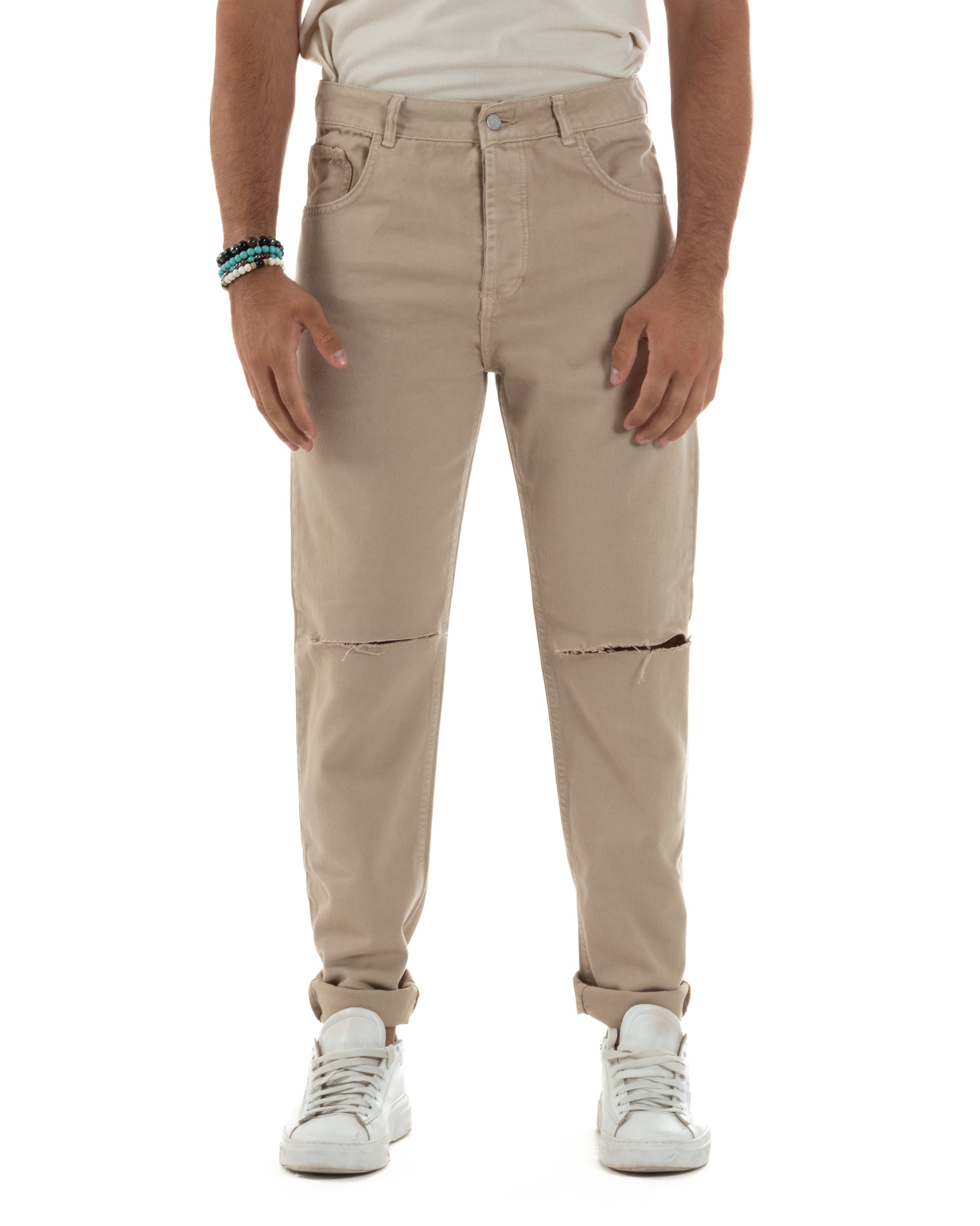Jeans Uomo Loose Fit Pantaloni Taglio Ginocchio Casual Basic Beige JS1134A