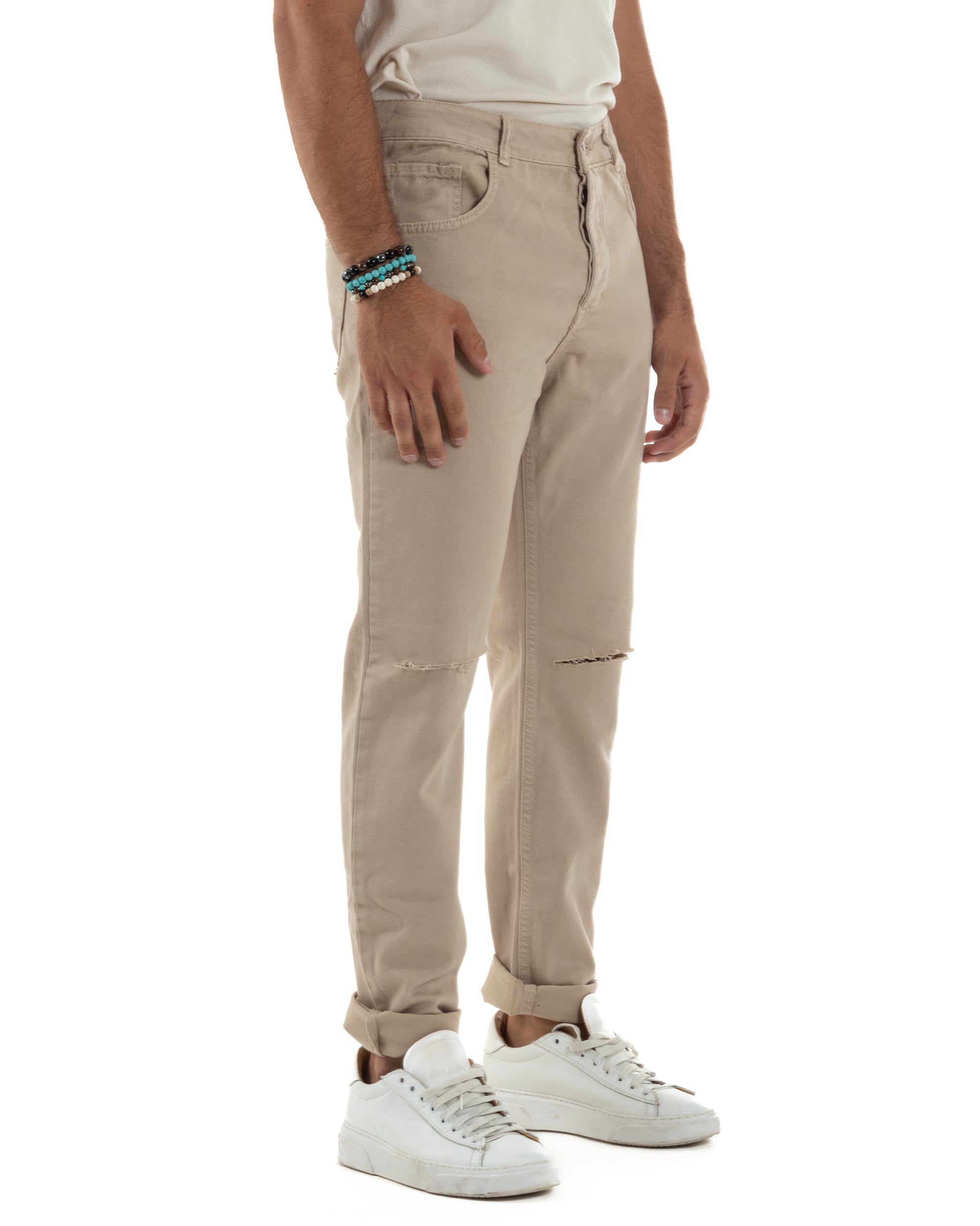 Jeans Uomo Loose Fit Pantaloni Taglio Ginocchio Casual Basic Beige JS1134A