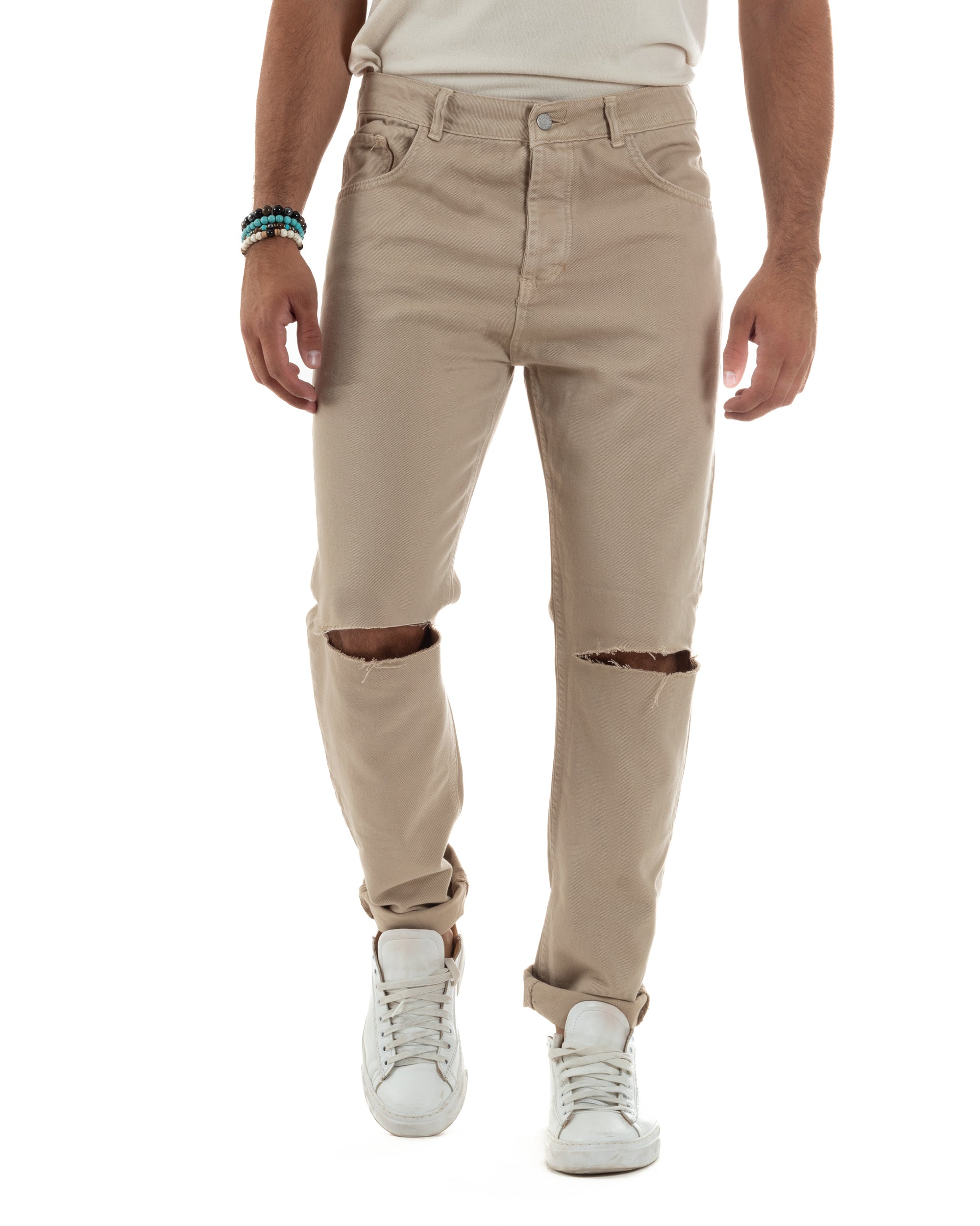 Jeans Uomo Loose Fit Pantaloni Taglio Ginocchio Casual Basic Beige JS1134A