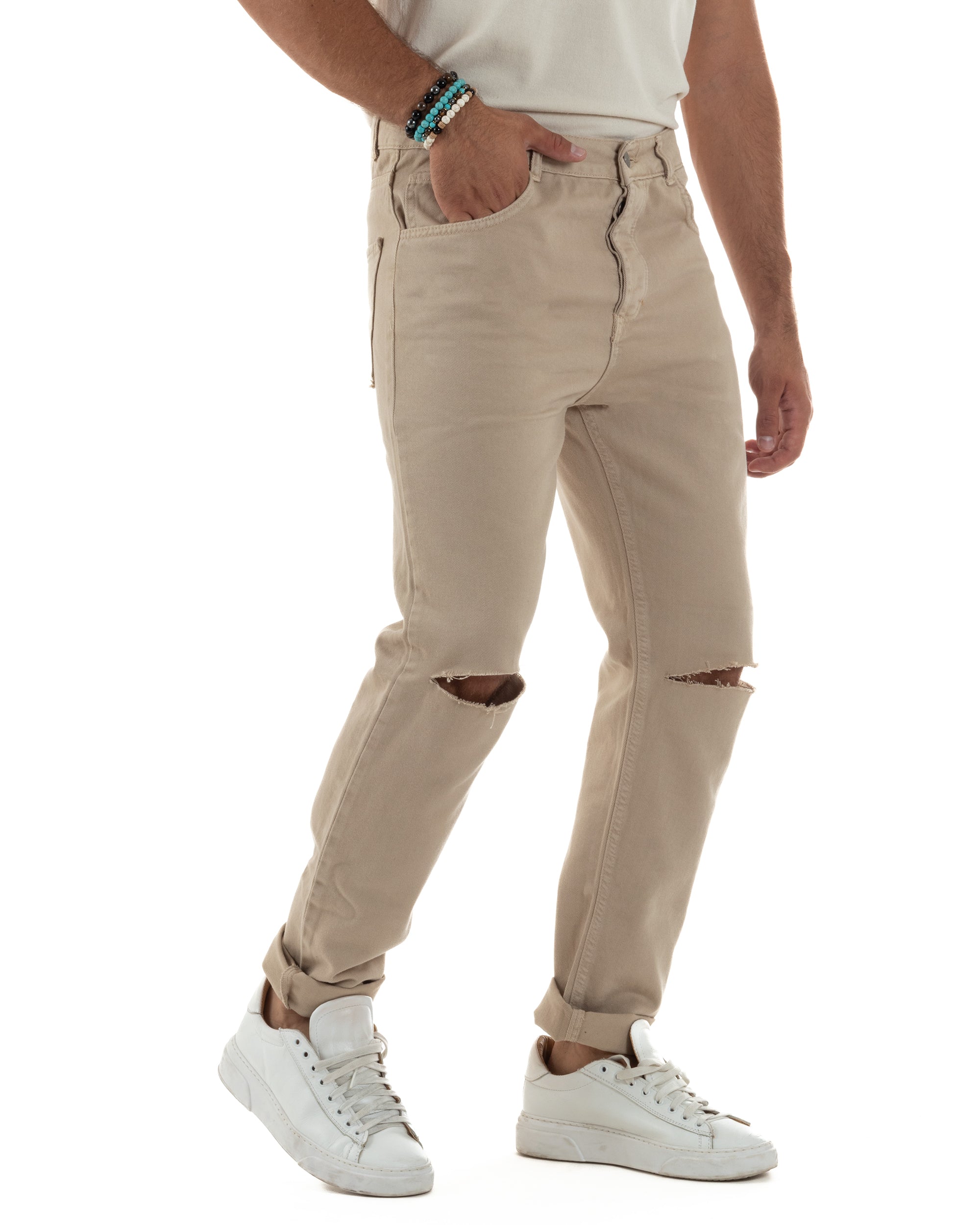 Jeans Uomo Loose Fit Pantaloni Taglio Ginocchio Casual Basic Beige JS1134A