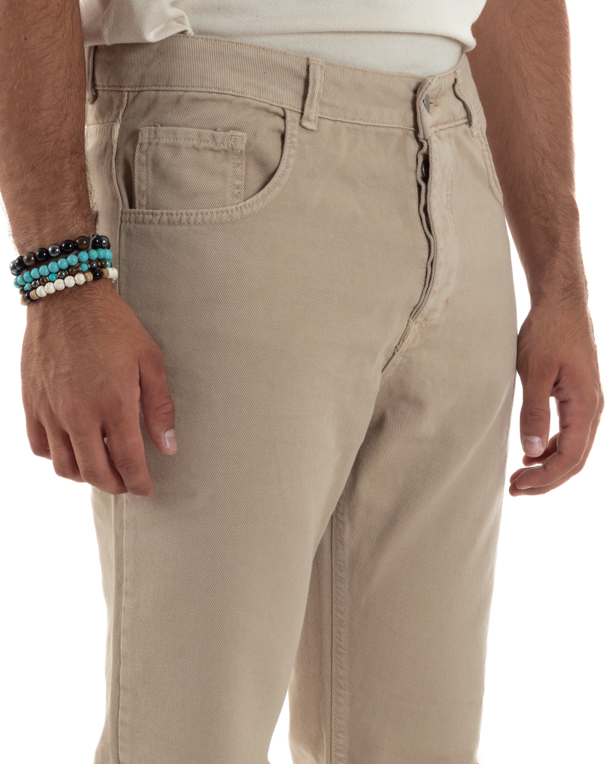 Jeans Uomo Loose Fit Pantaloni Taglio Ginocchio Casual Basic Beige JS1134A