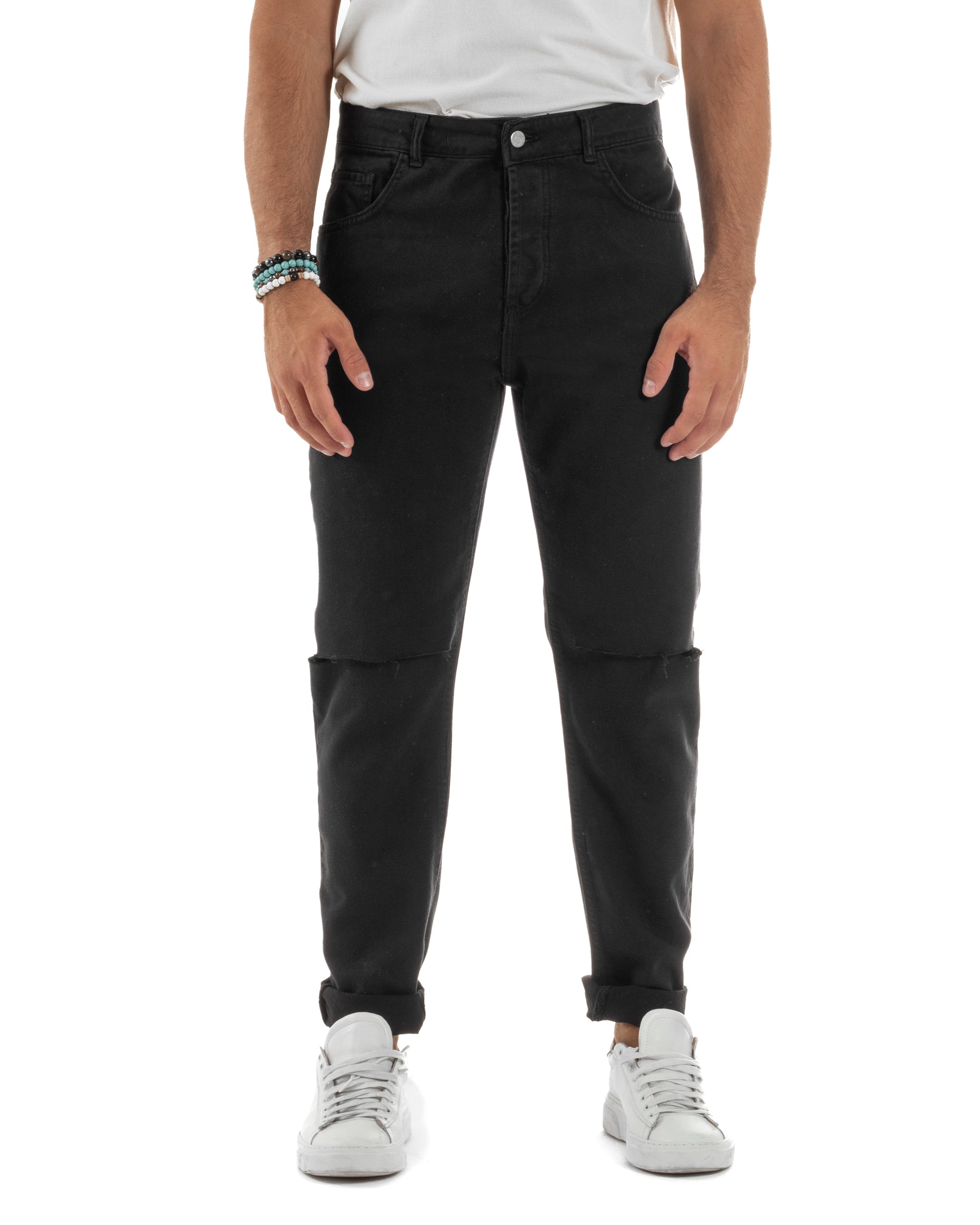 Jeans Uomo Loose Fit Pantaloni Taglio Ginocchio Casual Basic Nero JS1135A