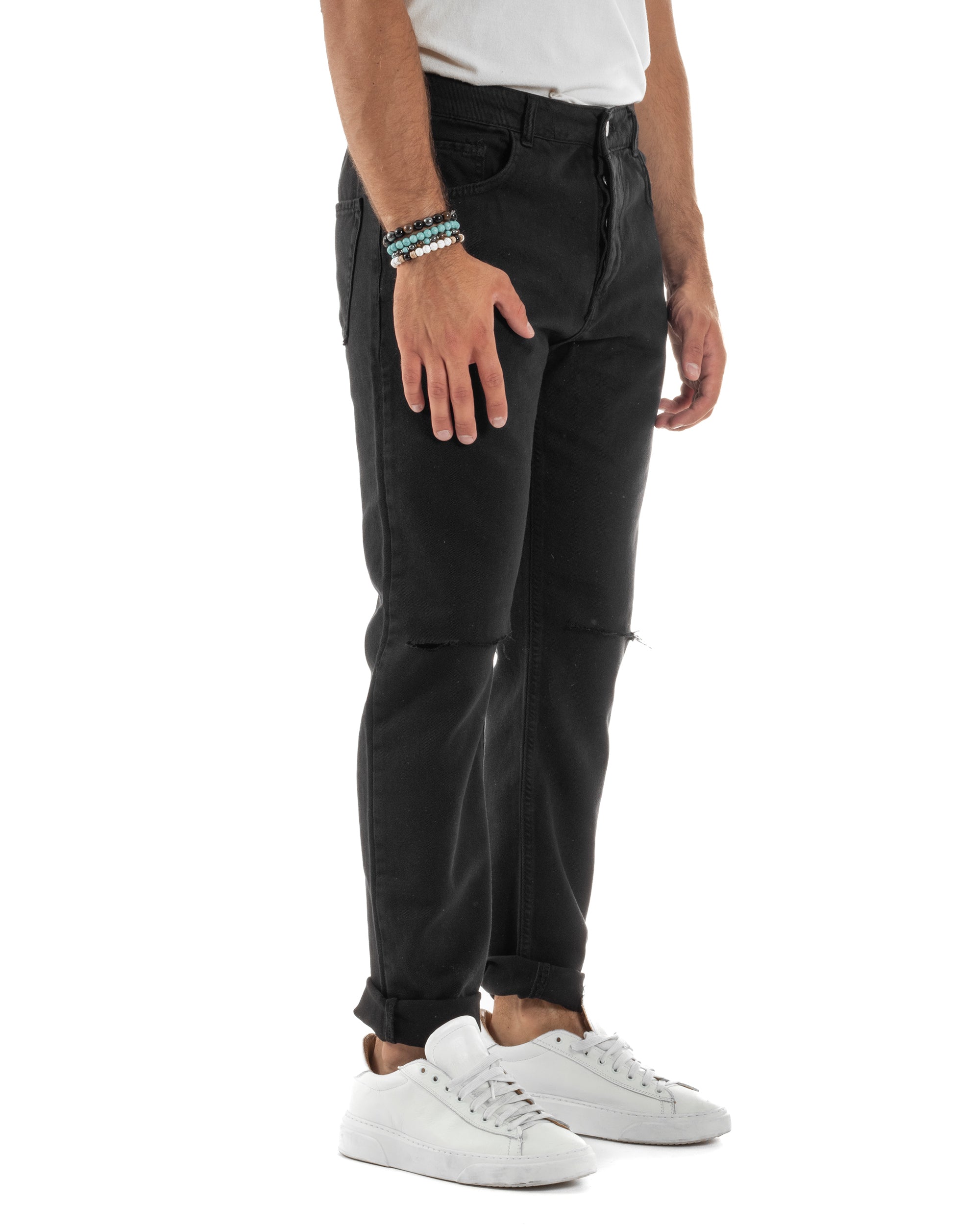 Jeans Uomo Loose Fit Pantaloni Taglio Ginocchio Casual Basic Nero JS1135A