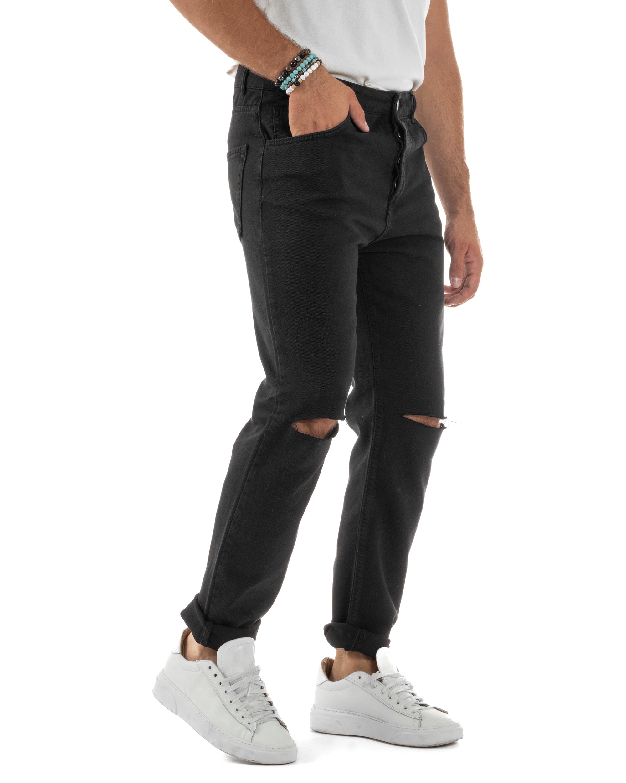 Jeans Uomo Loose Fit Pantaloni Taglio Ginocchio Casual Basic Nero JS1135A