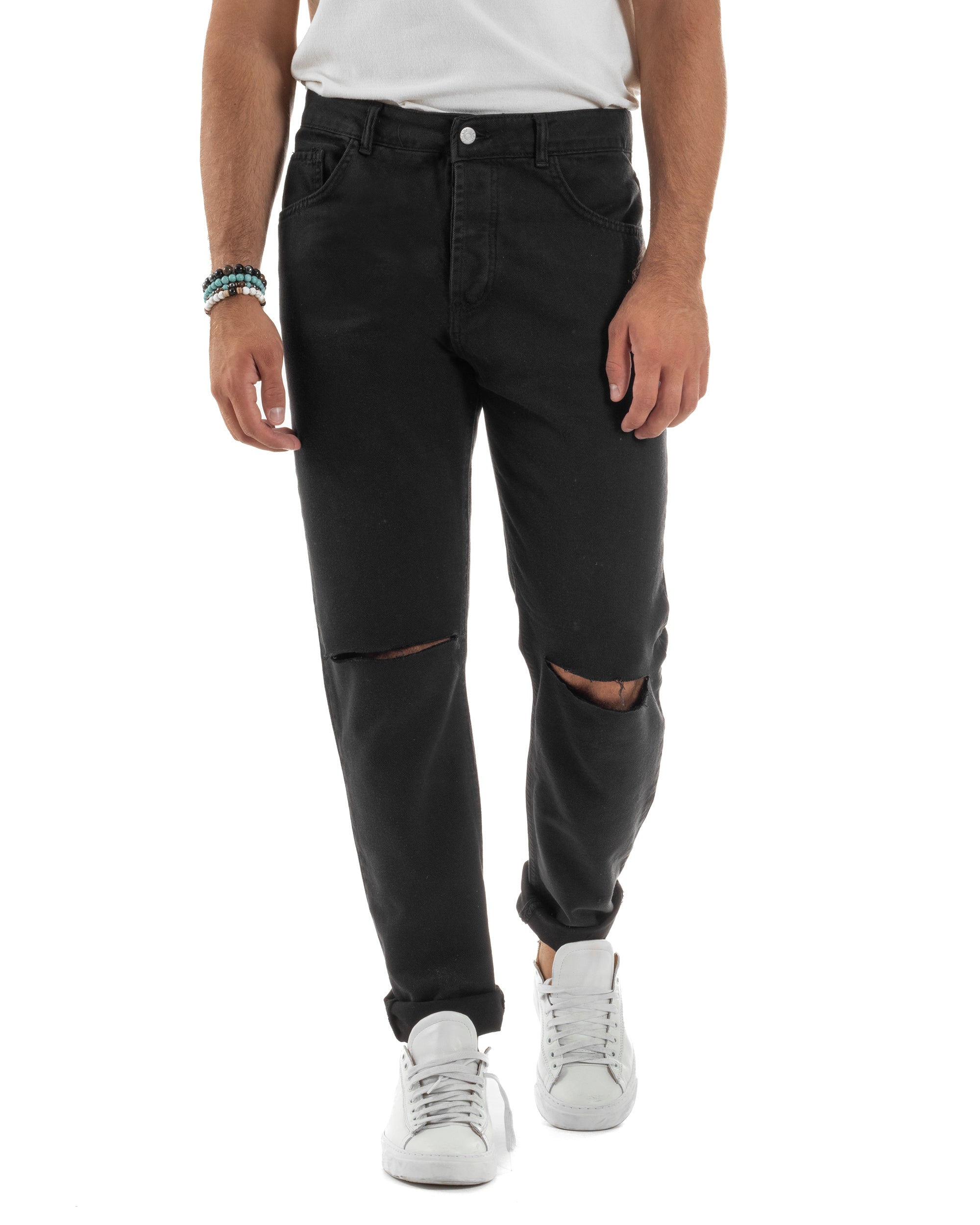 Jeans Uomo Loose Fit Pantaloni Taglio Ginocchio Casual Basic Nero JS1135A