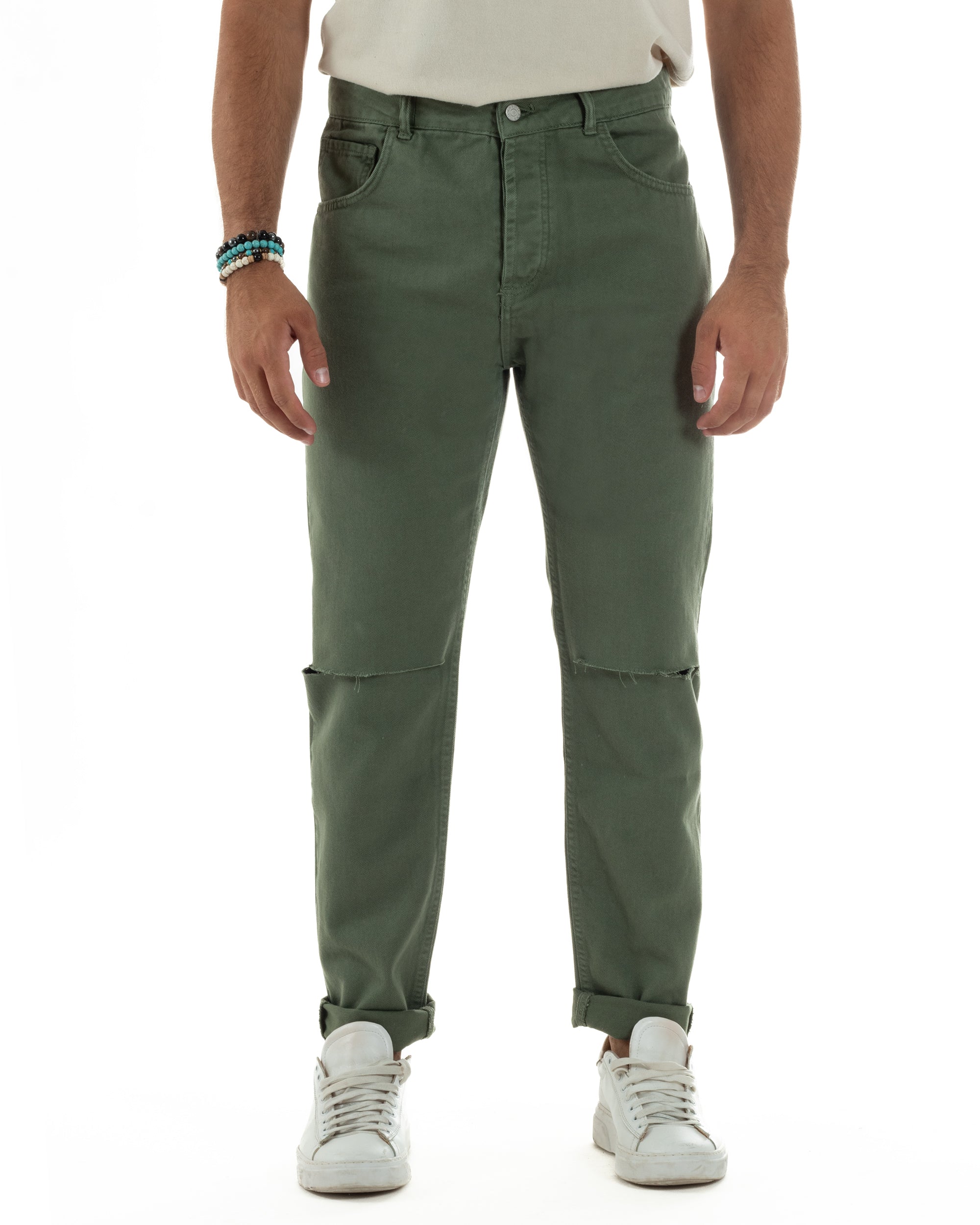 Jeans Uomo Loose Fit Pantaloni Taglio Ginocchio Casual Basic Verde JS1136A