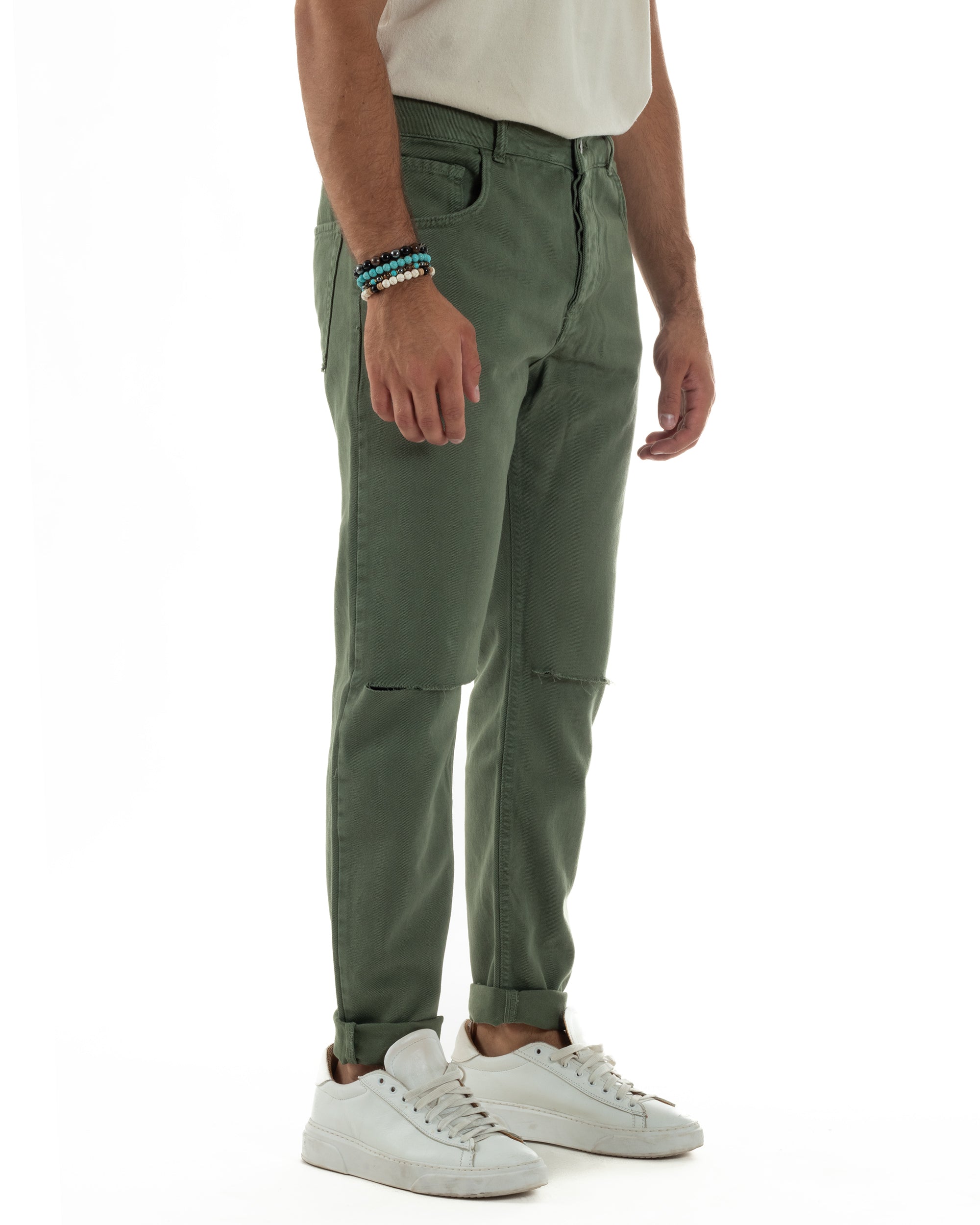 Jeans Uomo Loose Fit Pantaloni Taglio Ginocchio Casual Basic Verde JS1136A