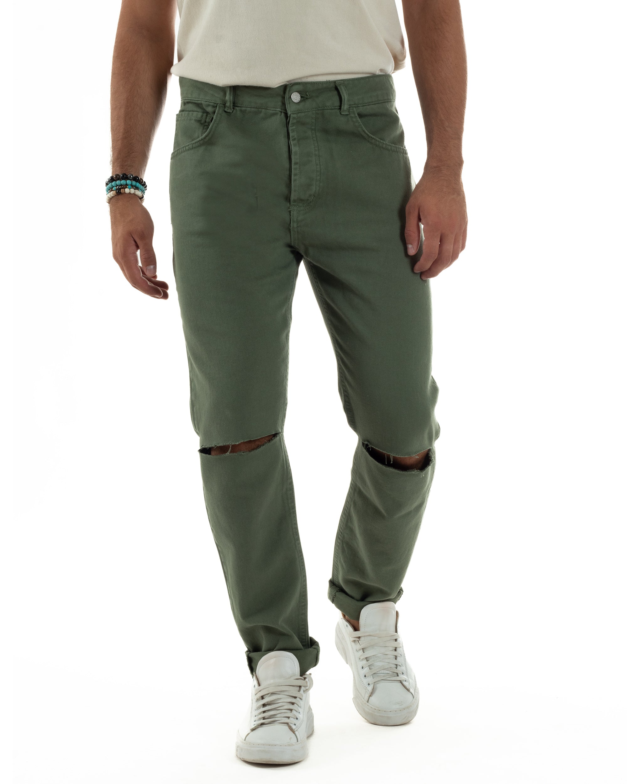 Jeans Uomo Loose Fit Pantaloni Taglio Ginocchio Casual Basic Verde JS1136A