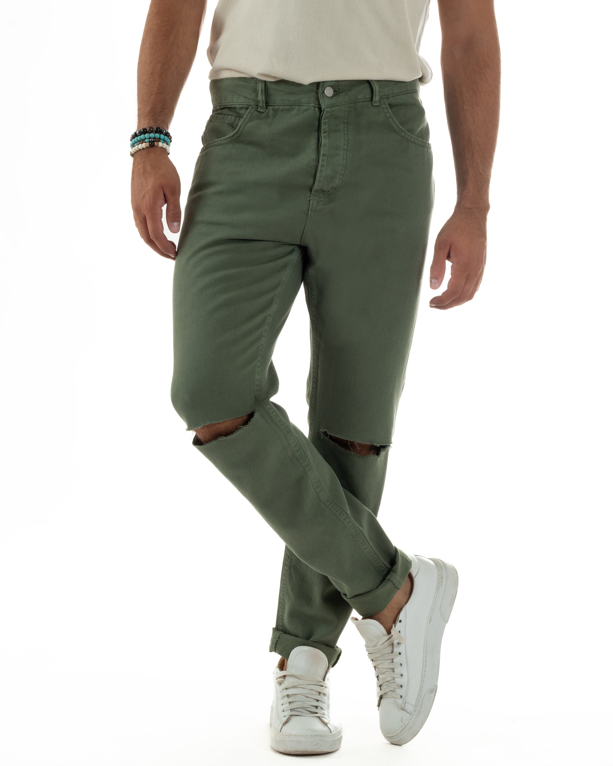 Jeans Uomo Loose Fit Pantaloni Taglio Ginocchio Casual Basic Verde JS1136A