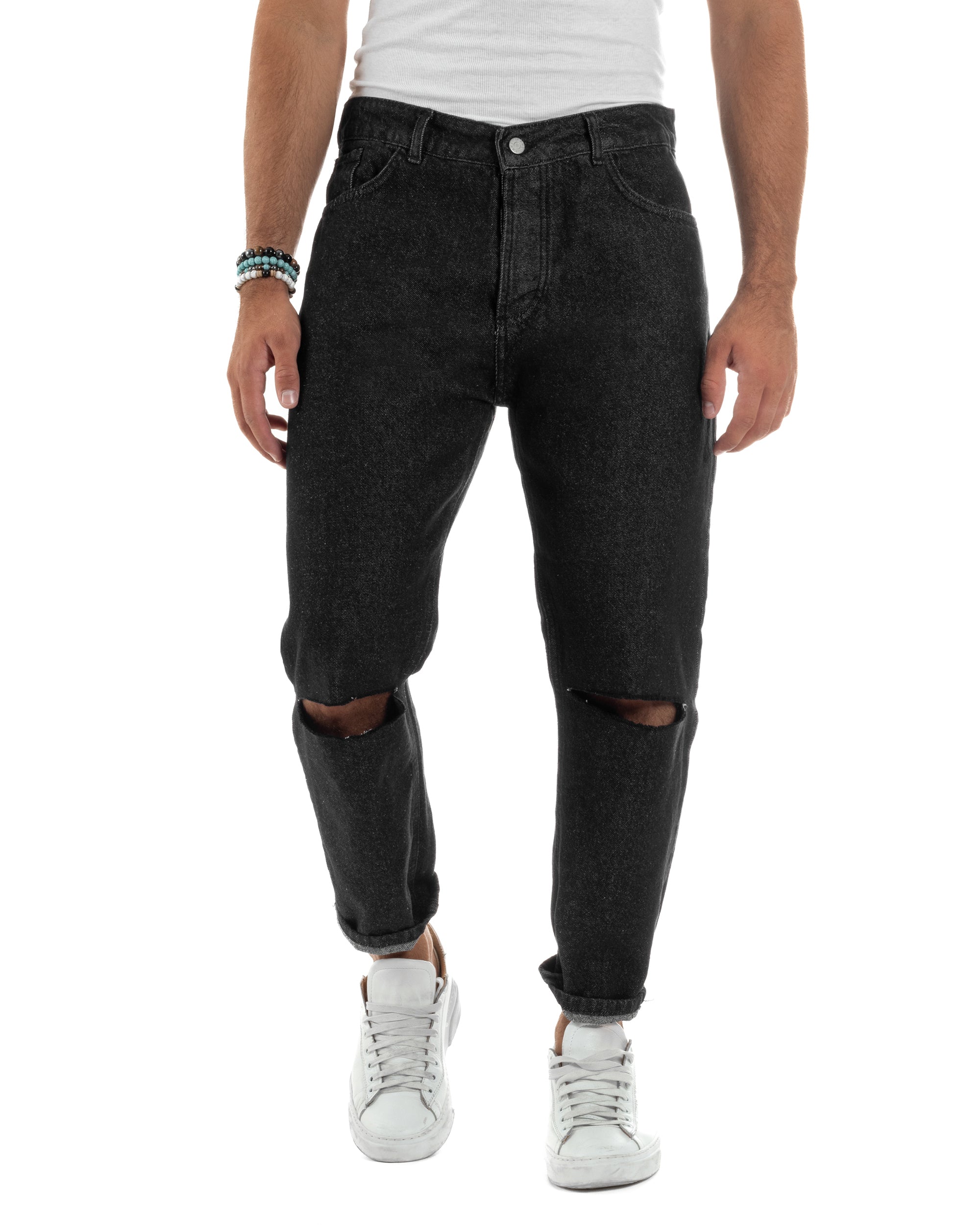 Jeans Regular Fit Denim Nero Taglio Ginocchio JS1137A