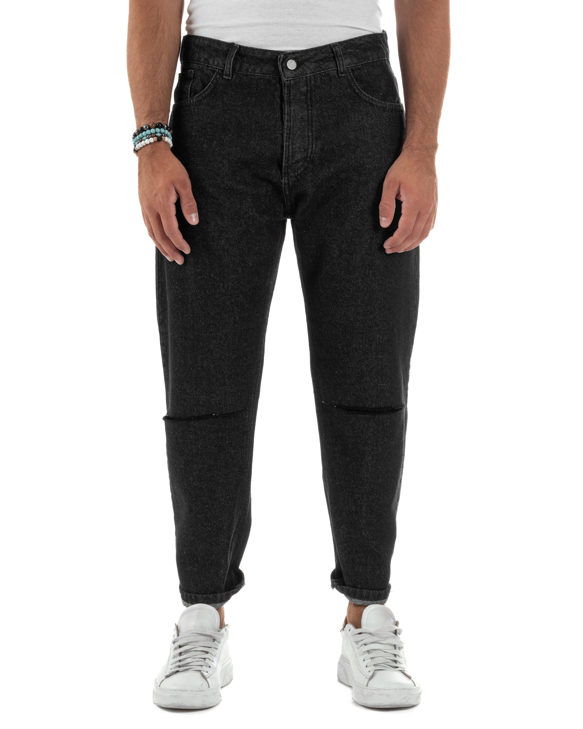 Jeans Regular Fit Denim Nero Taglio Ginocchio JS1137A