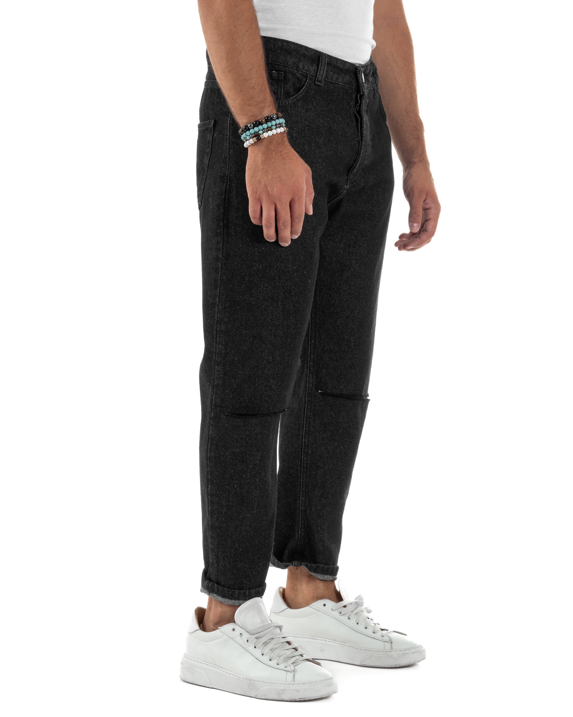 Jeans Regular Fit Denim Nero Taglio Ginocchio JS1137A