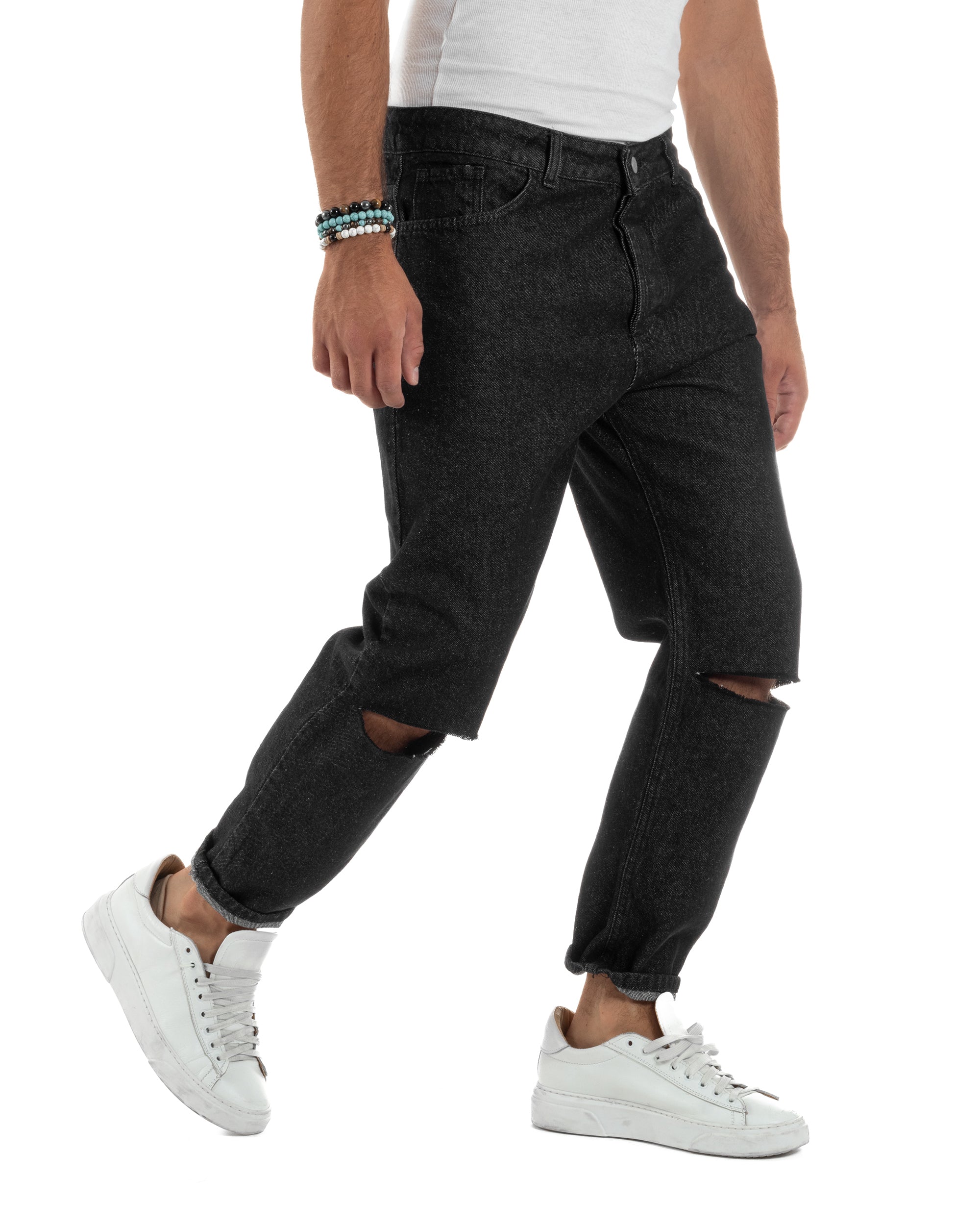 Jeans Regular Fit Denim Nero Taglio Ginocchio JS1137A