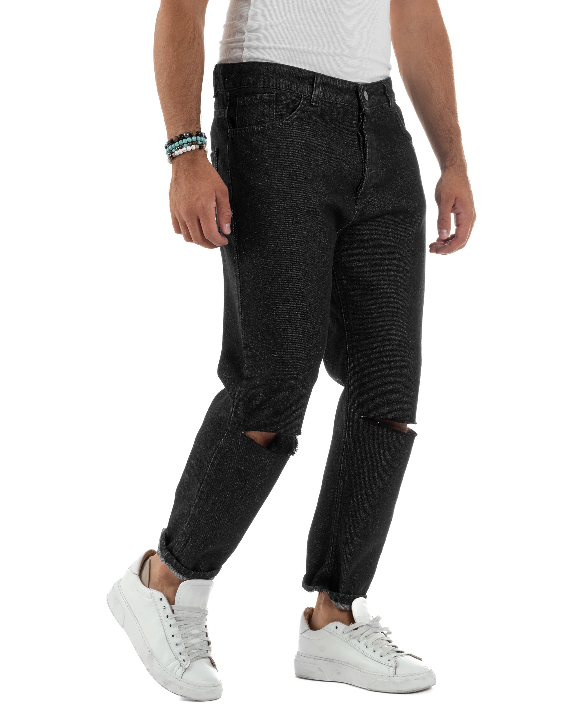 Jeans Regular Fit Denim Nero Taglio Ginocchio JS1137A