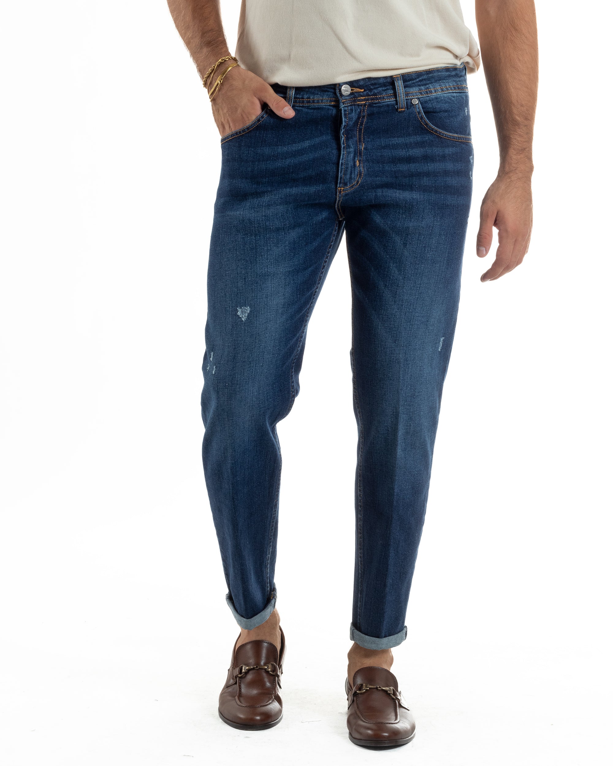 Jeans Uomo Slim Fit Denim Scuro Rotture BlackSunday JS1153A